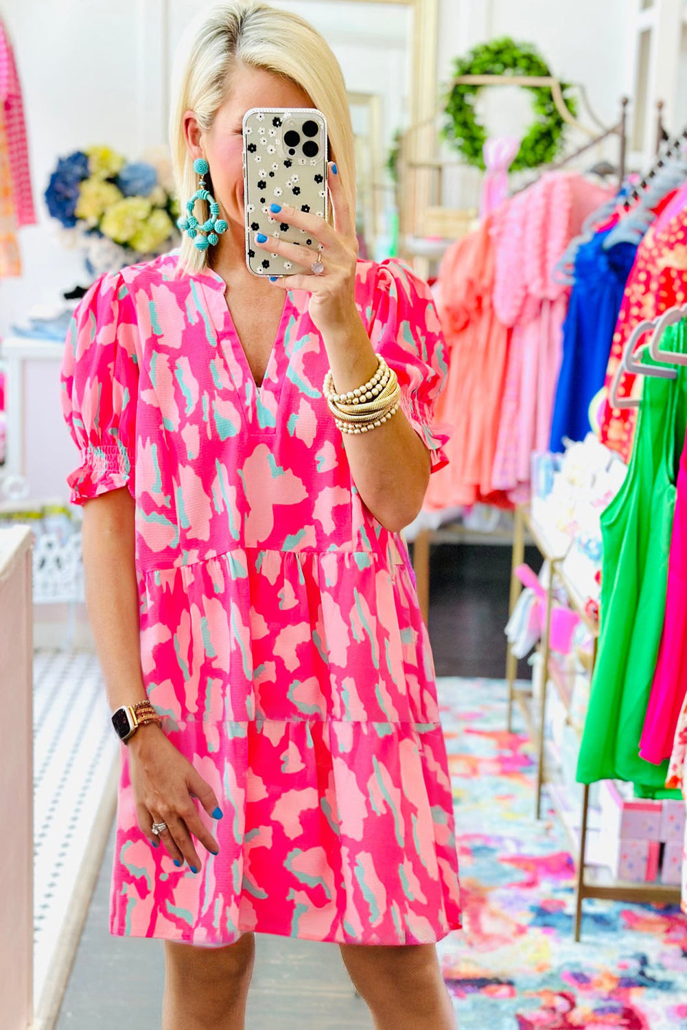 Blue Zone Planet |  Pink Abstract Printed Puff Short Sleeve Tiered Loose Dress Blue Zone Planet