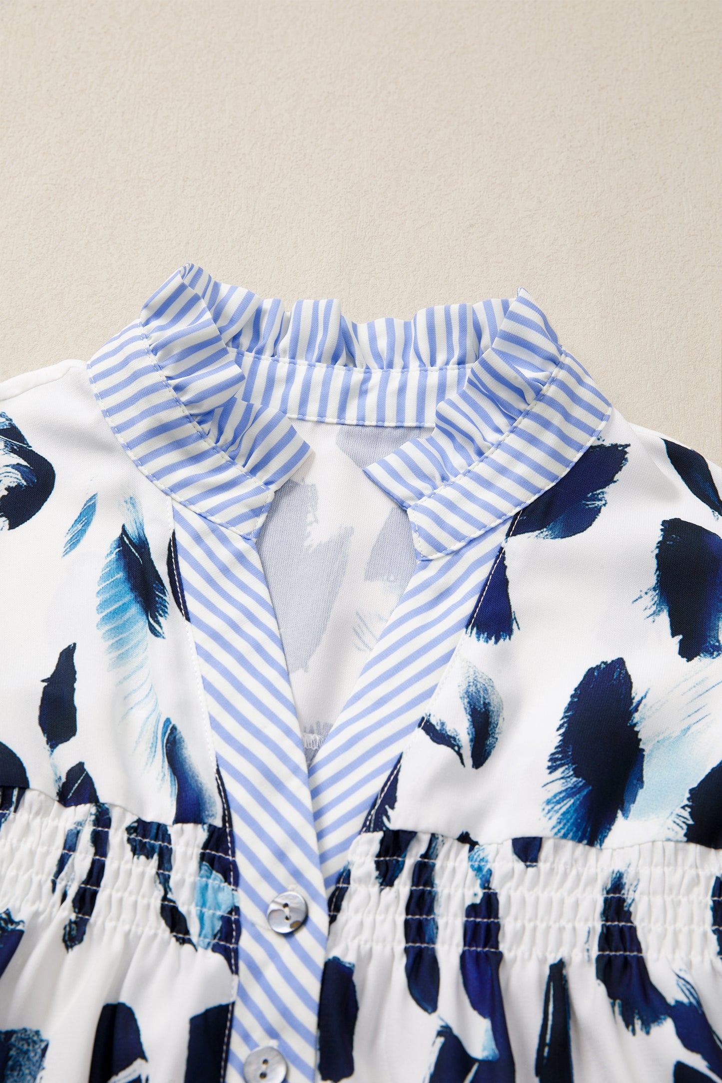 Beige Abstract Animal Print Striped Ruffle Trim V Neck Blouse-Tops/Blouses & Shirts-[Adult]-[Female]-2022 Online Blue Zone Planet