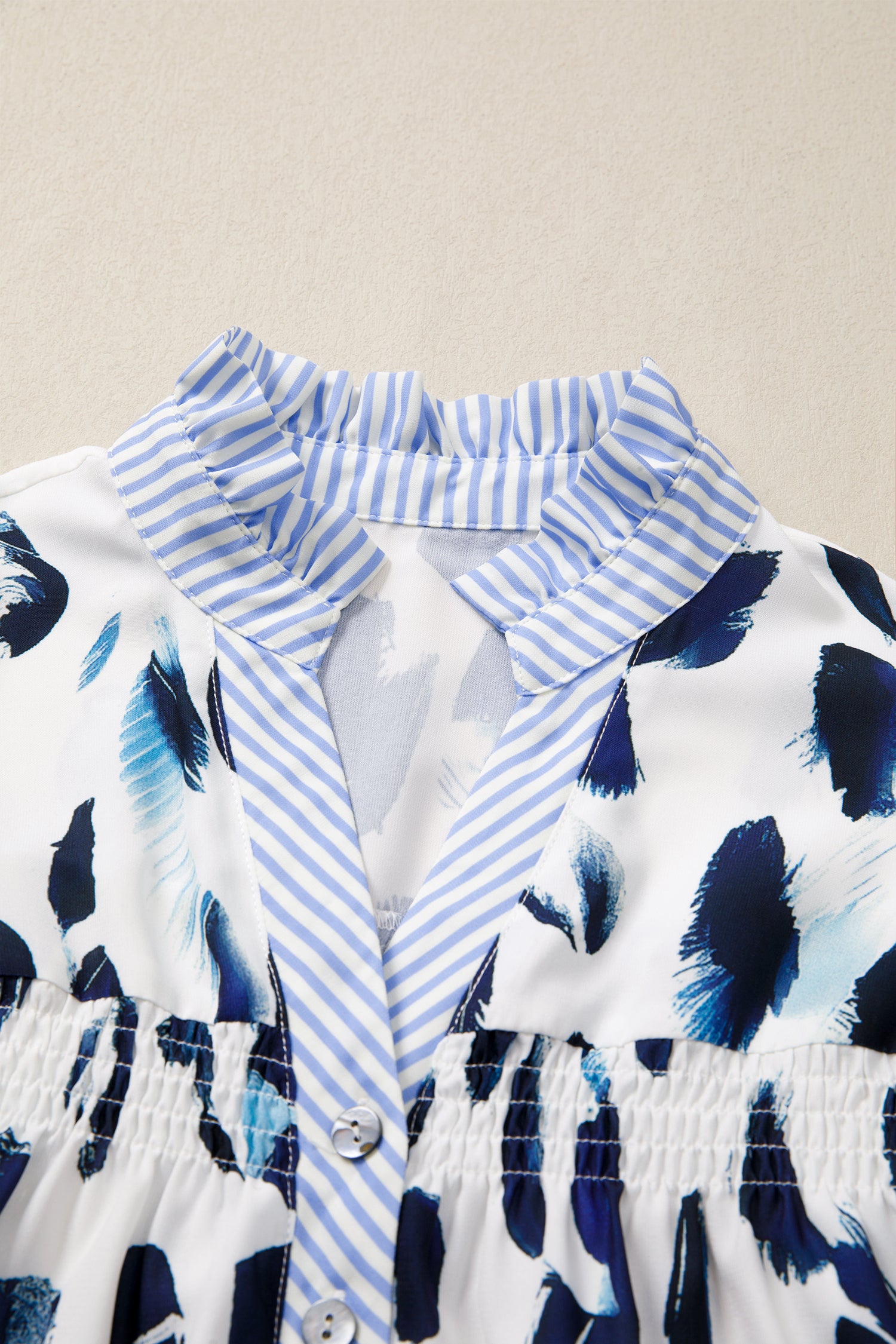 Beige Abstract Animal Print Striped Ruffle Trim V Neck Blouse-Tops/Blouses & Shirts-[Adult]-[Female]-2022 Online Blue Zone Planet