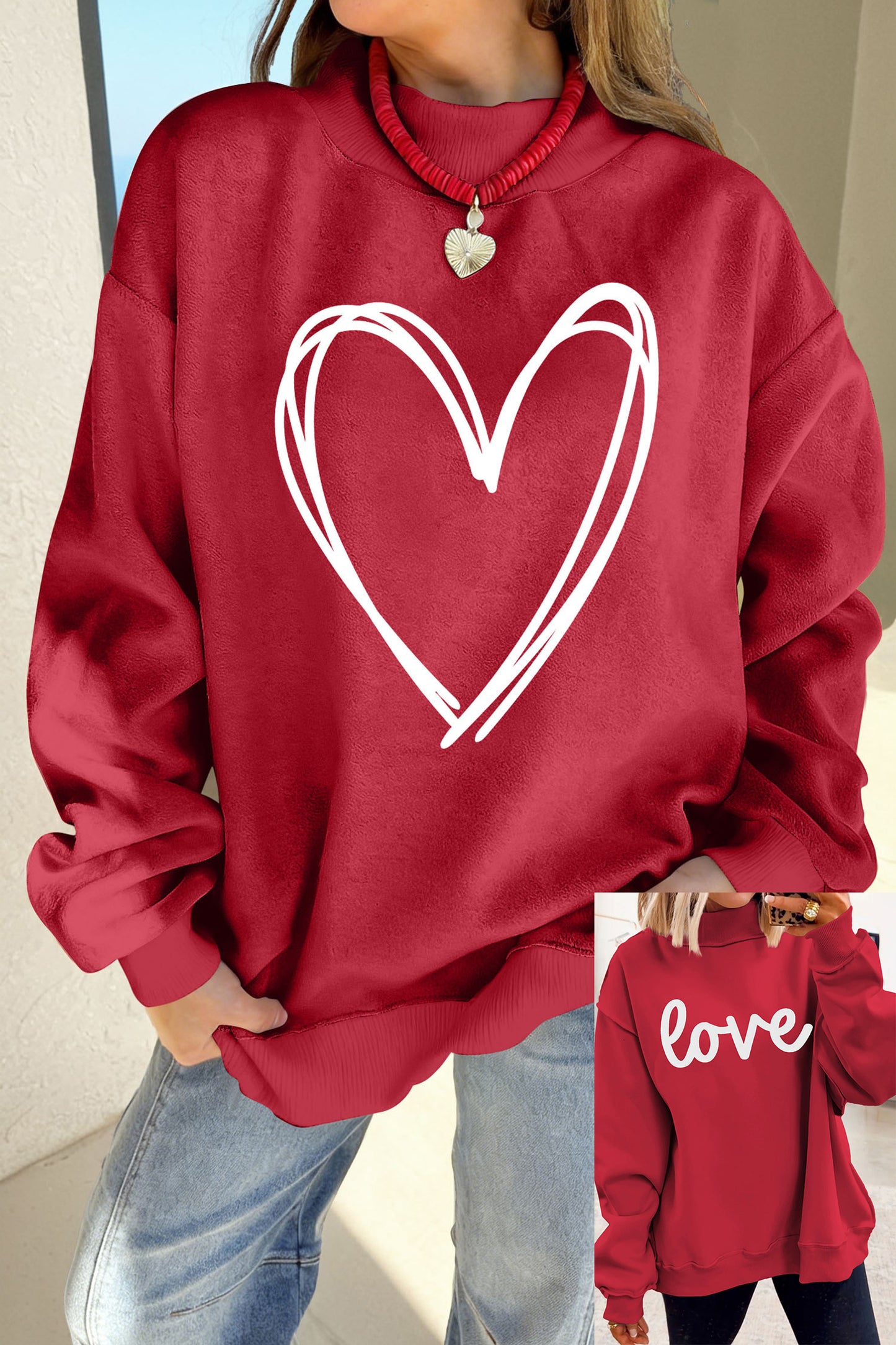 Racing Red Valentines Day Heart Love Script Reversible Printed Double Wear Mock Neck Sweatshirt-Graphic/Graphic Sweatshirts-[Adult]-[Female]-2022 Online Blue Zone Planet