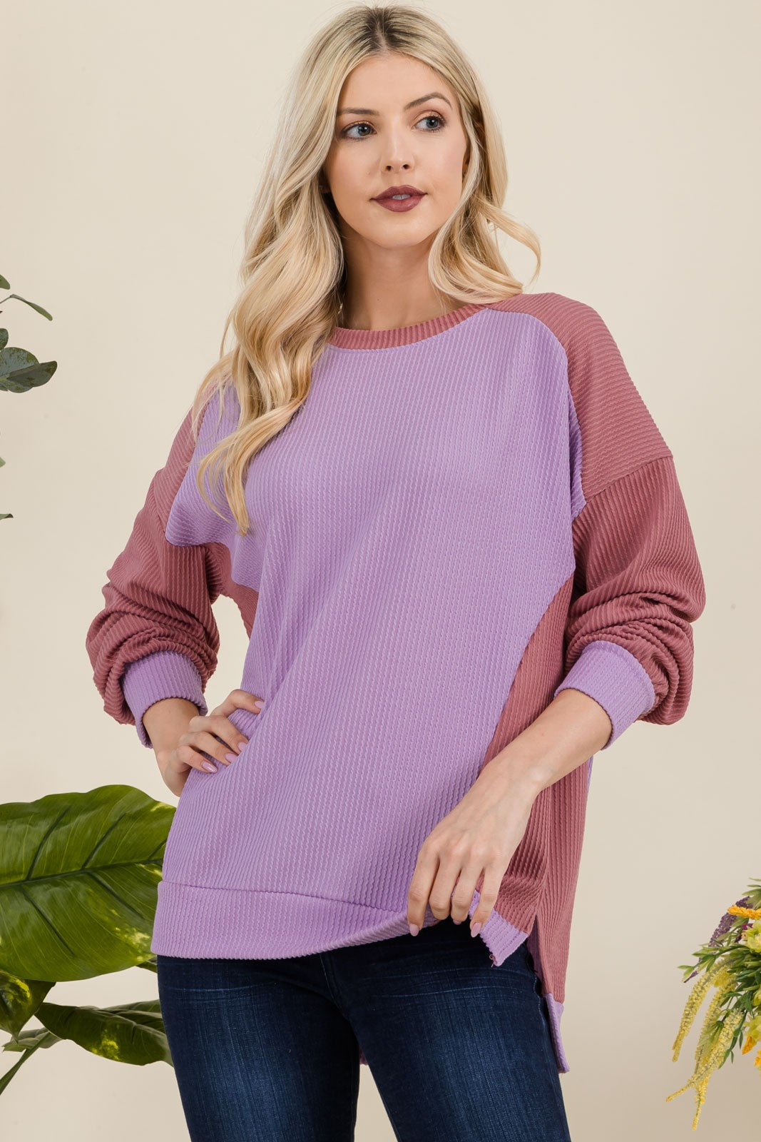 Blue Zone Planet | Celeste Full Size High-Low Contrast Round Neck Sweatshirt-TOPS / DRESSES-[Adult]-[Female]-2022 Online Blue Zone Planet