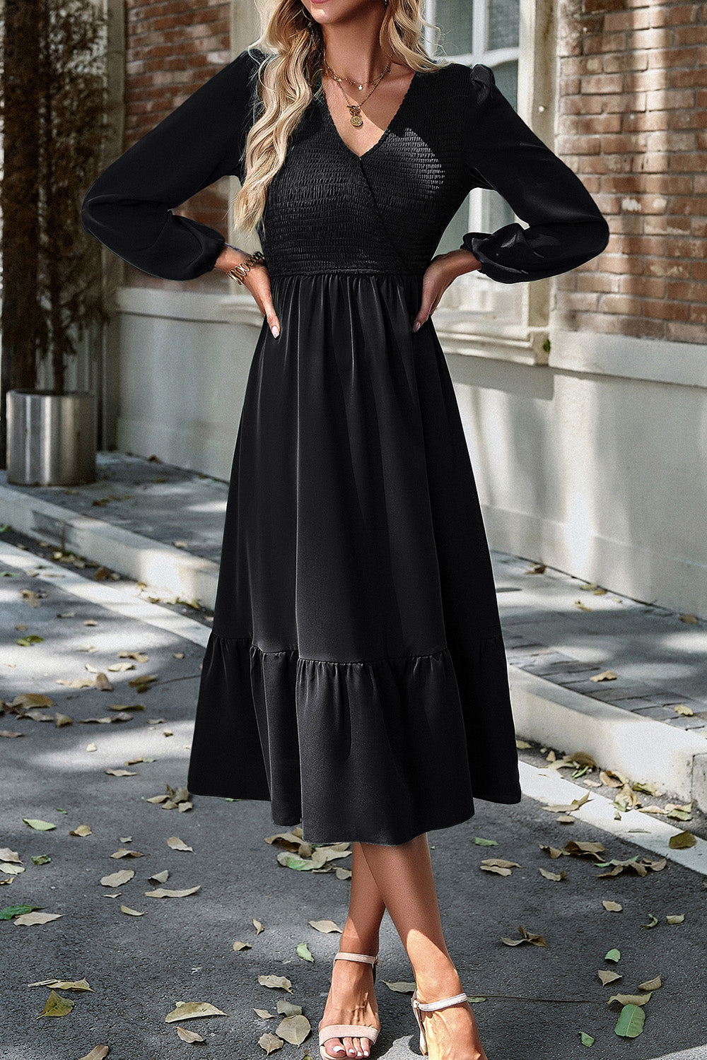 Smocked Surplice Long Sleeve Midi Dress-TOPS / DRESSES-[Adult]-[Female]-2022 Online Blue Zone Planet