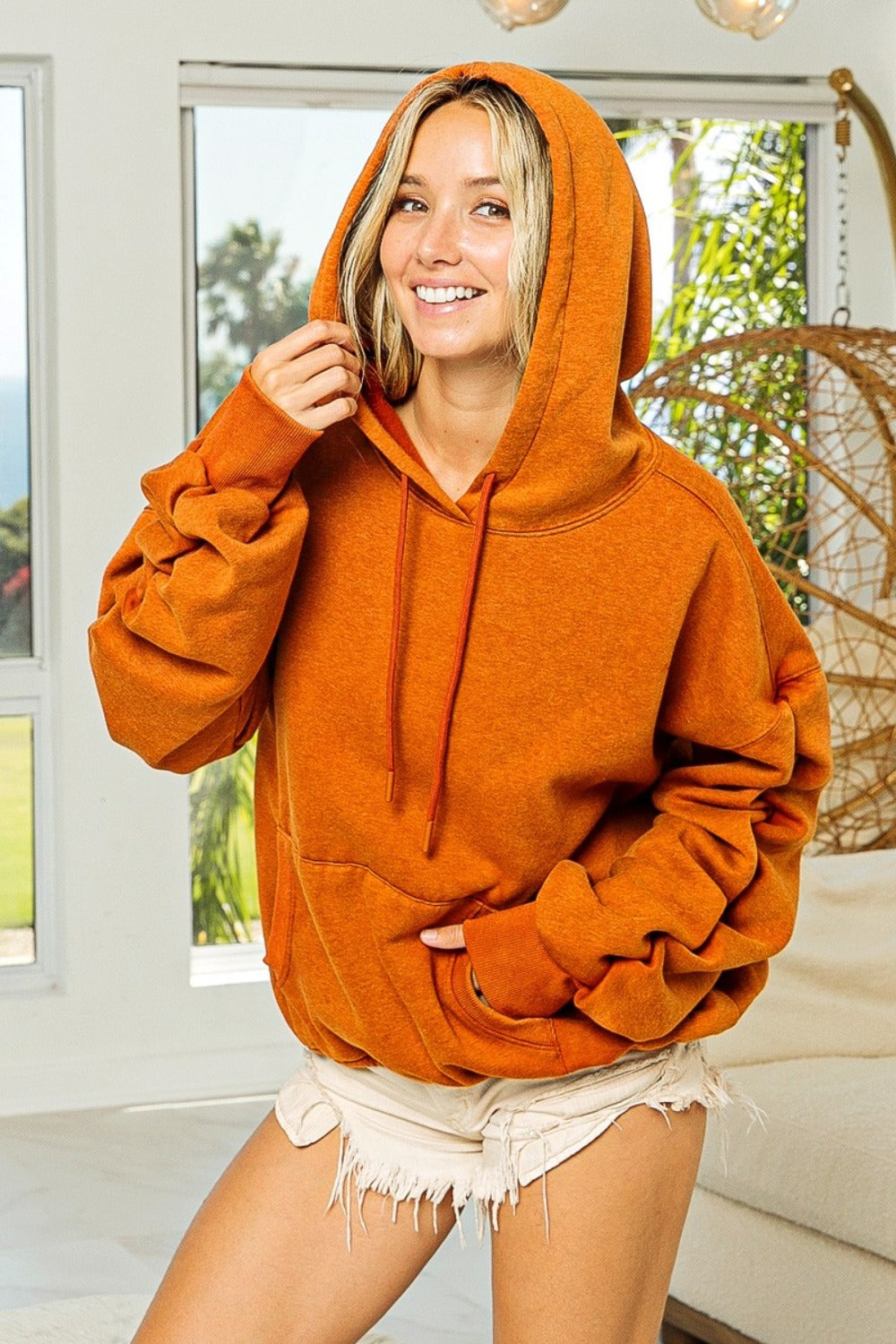 Blue Zone Planet | BiBi Ruched Long Sleeve Washed Fleece Hoodie-TOPS / DRESSES-[Adult]-[Female]-Vintage Rust-S-2022 Online Blue Zone Planet