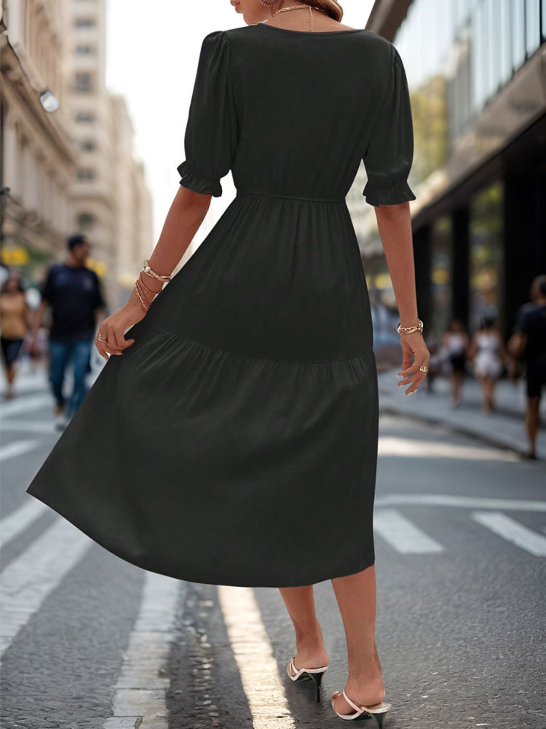 Kim's Ruched V-Neck Half Sleeve Midi Dress - Blue Zone Planet Kim's Ruched V-Neck Half Sleeve Midi Dress - Blue Zone Planet