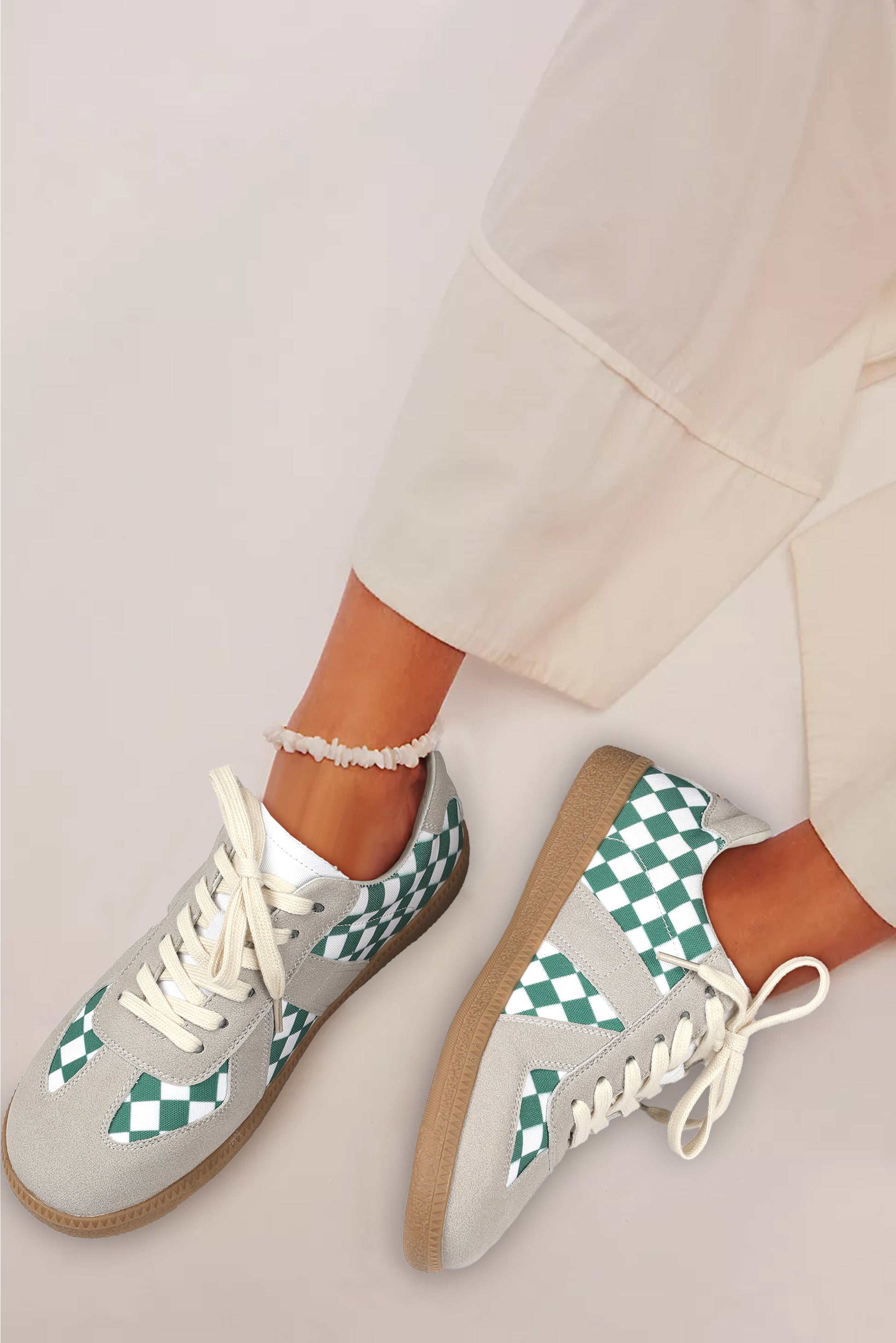 Blue Zone Planet | Sea Green Checkered PU Leather Lace-up Sneakers-SHOES-[Adult]-[Female]-Sea Green-36-2022 Online Blue Zone Planet