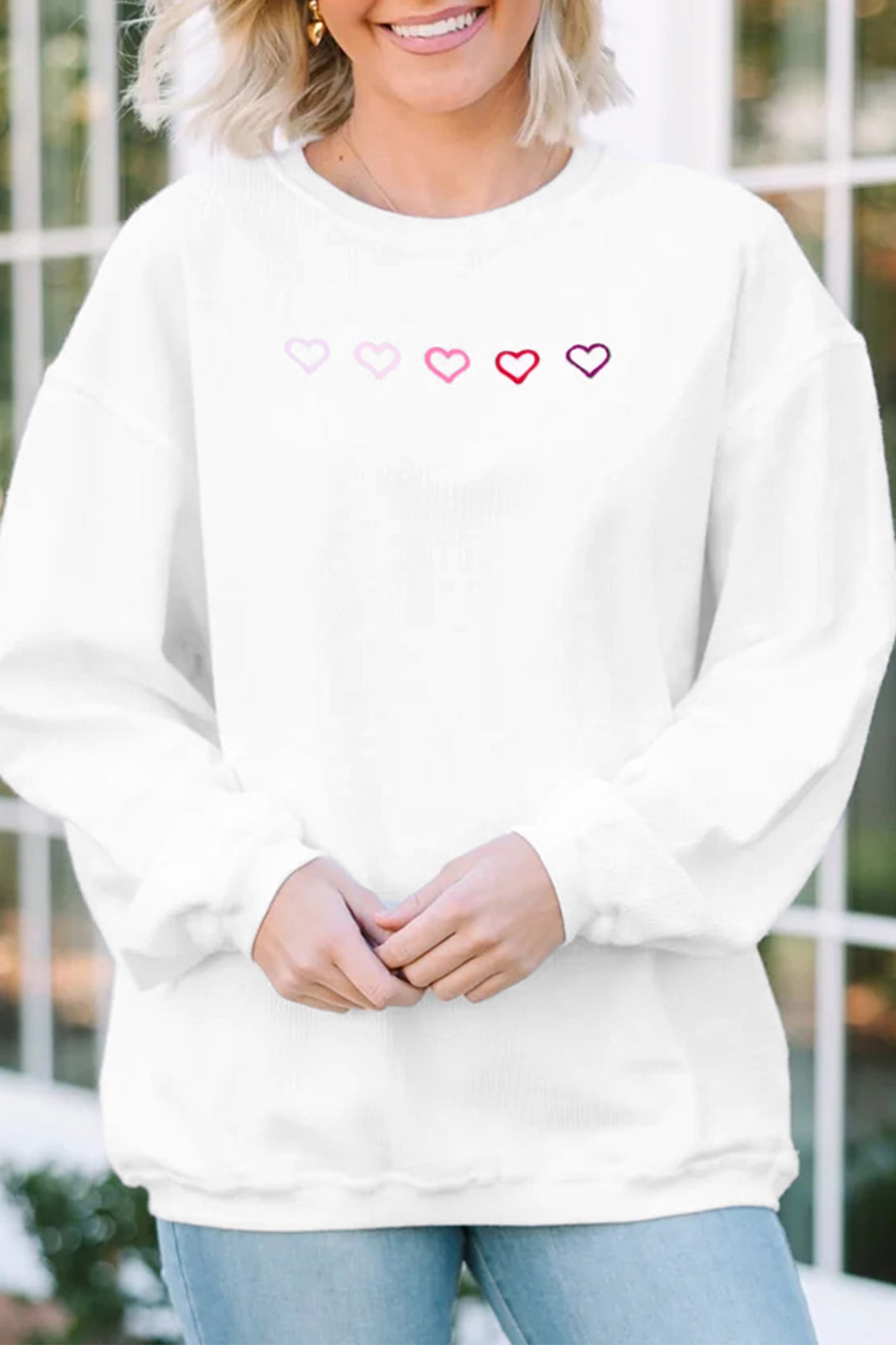 Pink 3d Ribbed XOXO Heart Embroidered Drop Shoulder Sweatshirt-Sweatshirts & Hoodies-[Adult]-[Female]-White-L-2022 Online Blue Zone Planet