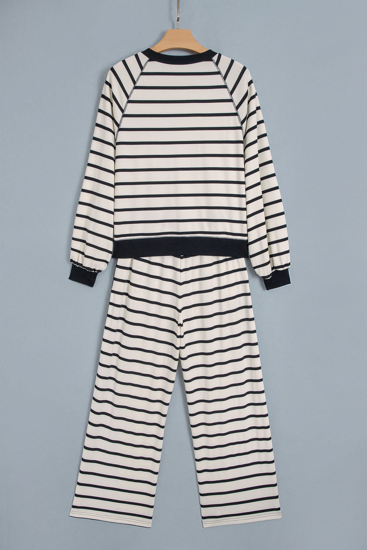 Beige Stripe Relaxed Long Sleeve Top Color Block Detail Drawstring Pant Set-Two Piece Sets/Pant Sets-[Adult]-[Female]-2022 Online Blue Zone Planet