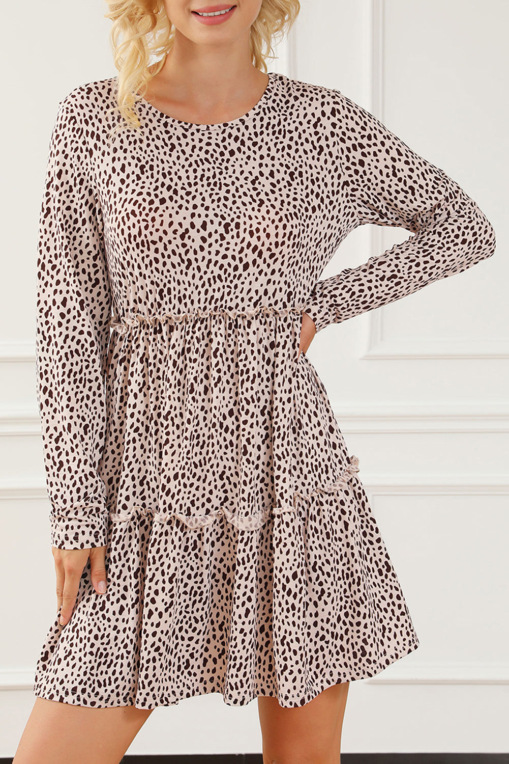 Blue Zone Planet | Leopard Animal Print Tiered Long Sleeve Dress-TOPS / DRESSES-[Adult]-[Female]-2022 Online Blue Zone Planet