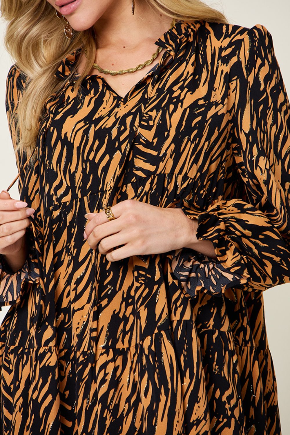 Wholesale MOQ6 Double Take Full Size Printed Ruffle Hem Long Sleeve Dress Wholesale MOQ6 Double Take Full Size Printed Ruffle Hem Long Sleeve Dress
