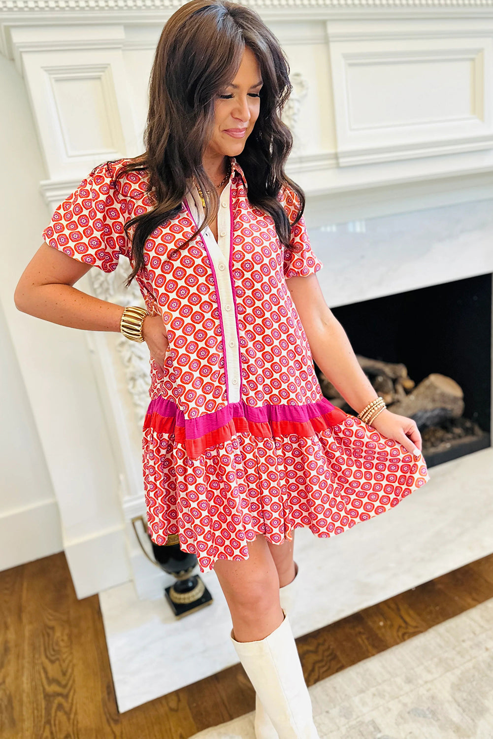 Orange Geometric Floral Print Color Block Trim Button Front Ruffle Hem Dress-TOPS / DRESSES-[Adult]-[Female]-2022 Online Blue Zone Planet