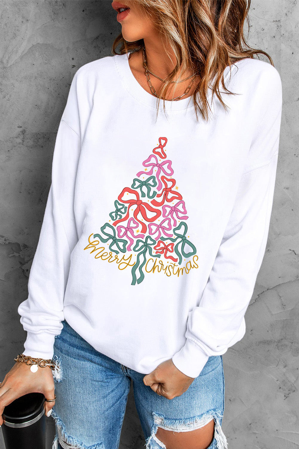 Beige Bow Christmas Tree Print Crew Neck Loose Sweatshirt-Graphic Sweatshirts-[Adult]-[Female]-2022 Online Blue Zone Planet