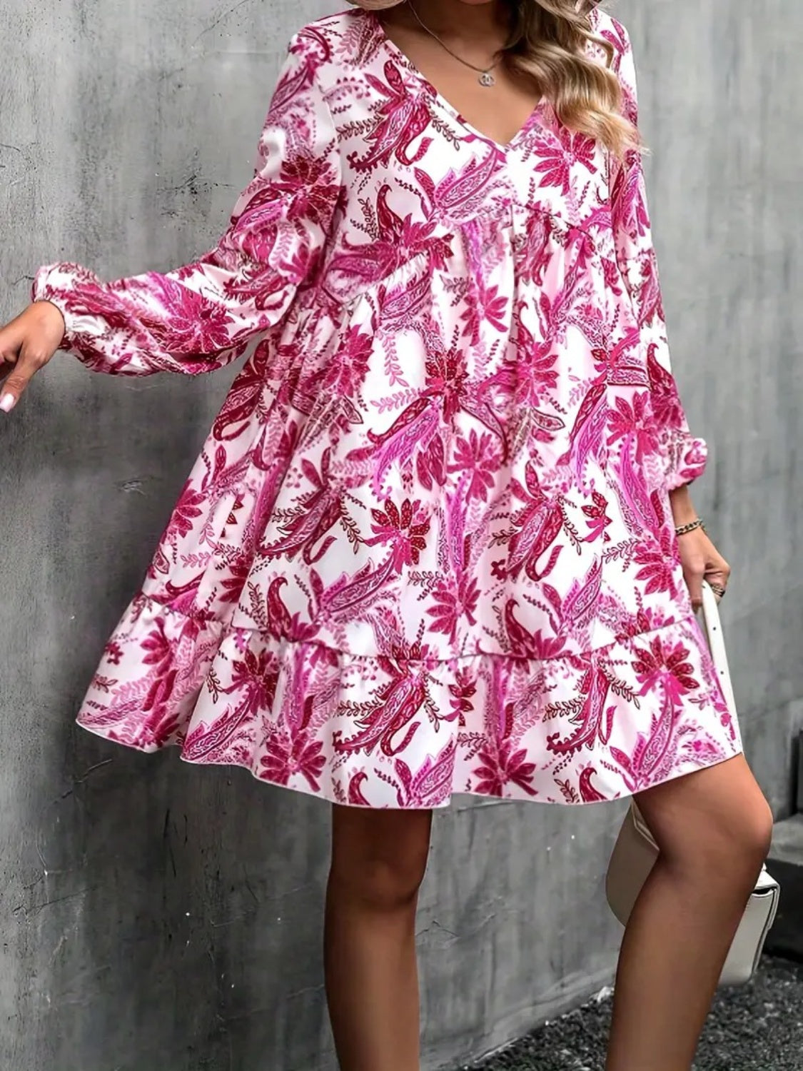 Floral V-Neck Balloon Sleeve Dress-TOPS / DRESSES-[Adult]-[Female]-2022 Online Blue Zone Planet