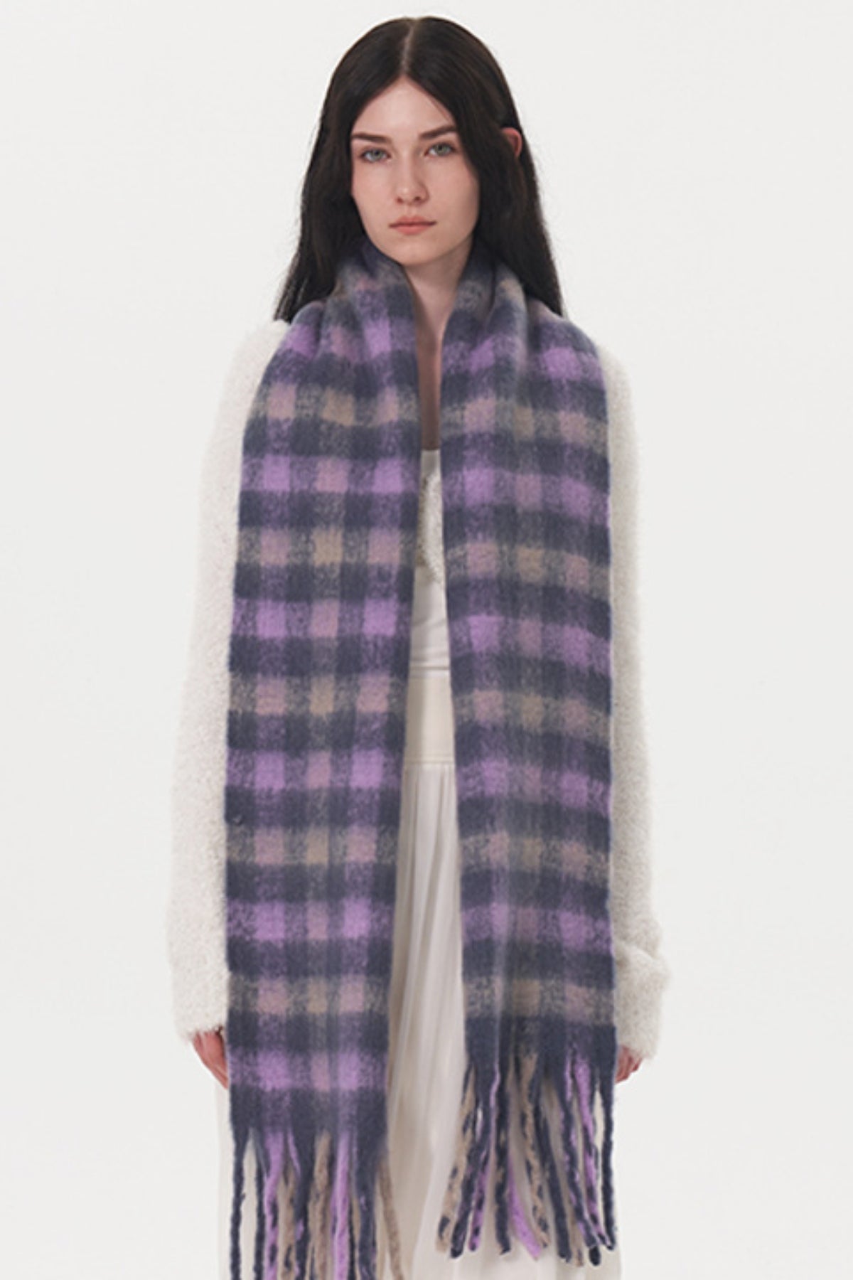 Fringe Plaid Polyester Scarf-SCARVES-[Adult]-[Female]-Lilac-One Size-2022 Online Blue Zone Planet