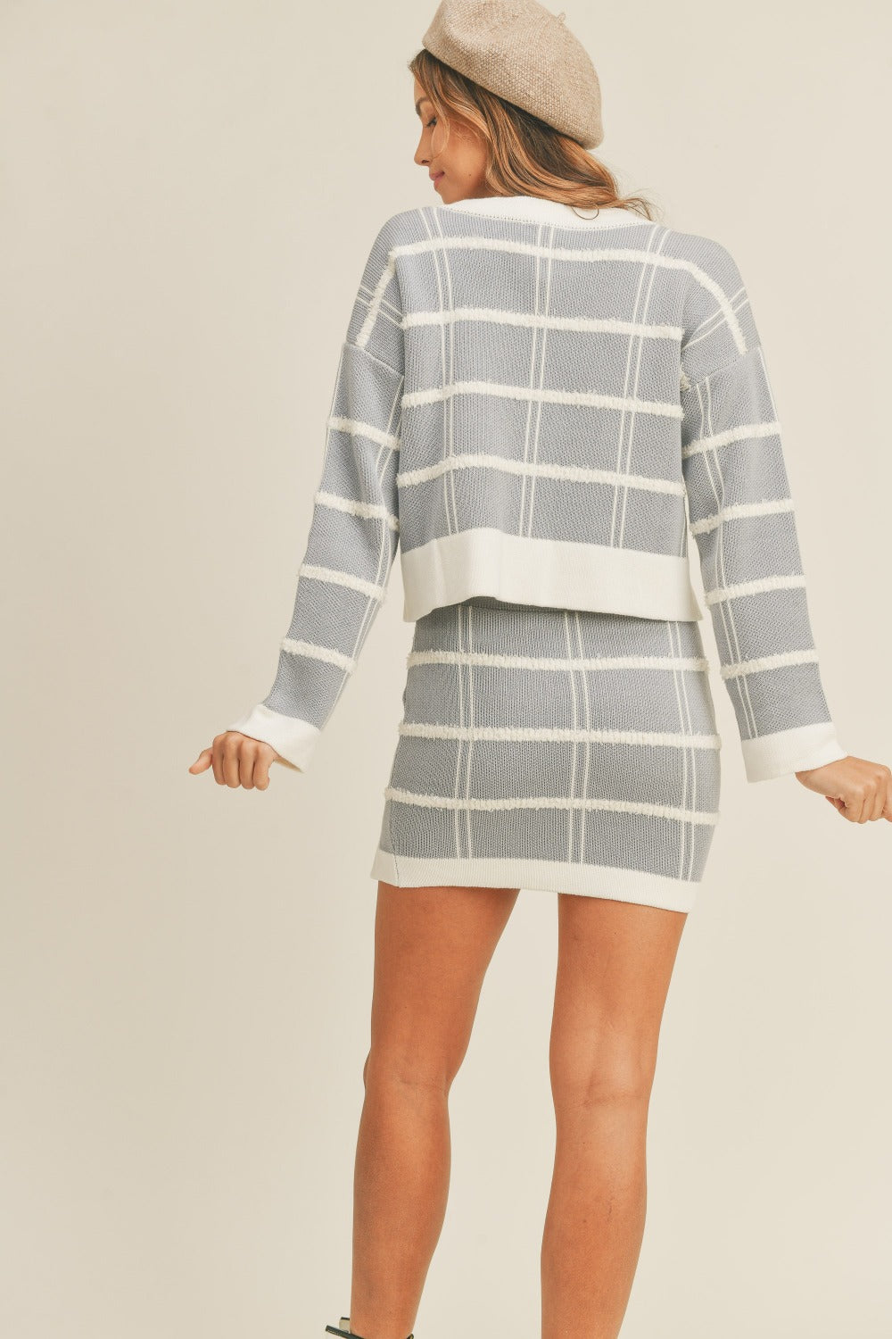 MABLE Plaid Button Down Sweater Cardigan and Mini Skirt Set-TOPS / DRESSES-[Adult]-[Female]-2022 Online Blue Zone Planet