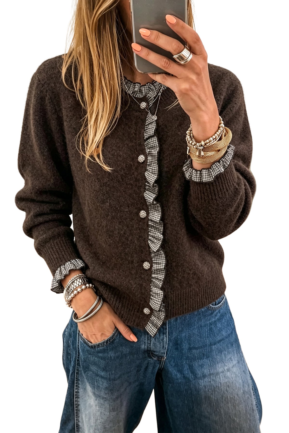 Chicory Coffee Plaid Ruffle Trim Patchwork Button Sweater Cardigan-Sweaters & Cardigans/Cardigans-[Adult]-[Female]-2022 Online Blue Zone Planet