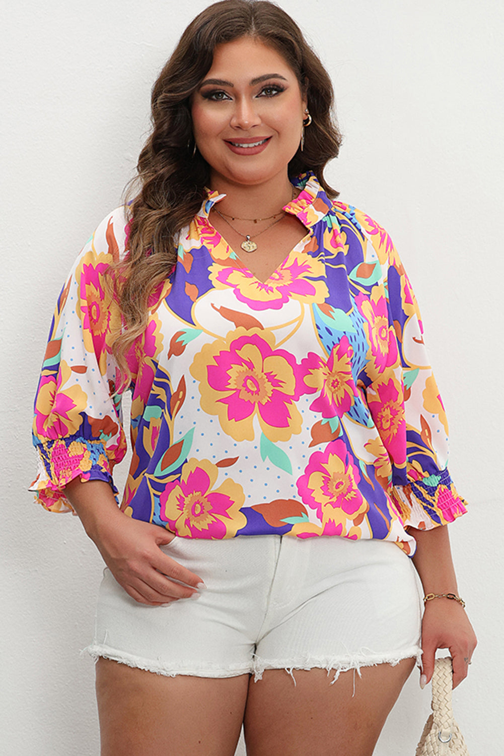 Rose Red Floral Print Split Neck Short Puff Sleeve Plus Blouse-Plus Size/Plus Size Tops/Plus Size Blouses & Shirts-[Adult]-[Female]-2022 Online Blue Zone Planet