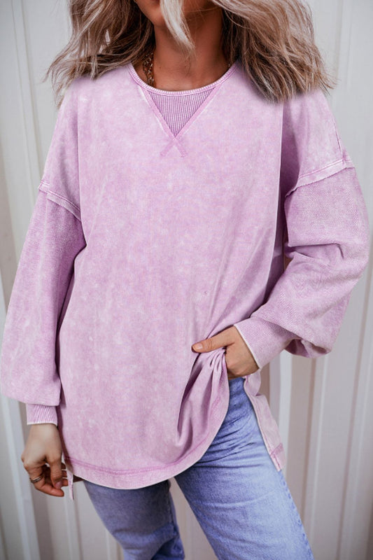 Blue Zone Planet | Exposed Seam Round Neck Long Sleeve Sweatshirt-TOPS / DRESSES-[Adult]-[Female]-Pink Purple-S-2022 Online Blue Zone Planet