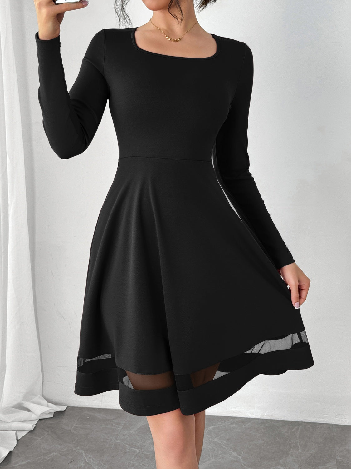 Blue Zone Planet | Square Neck Long Sleeve Mini Dress-TOPS / DRESSES-[Adult]-[Female]-Black-L-2022 Online Blue Zone Planet