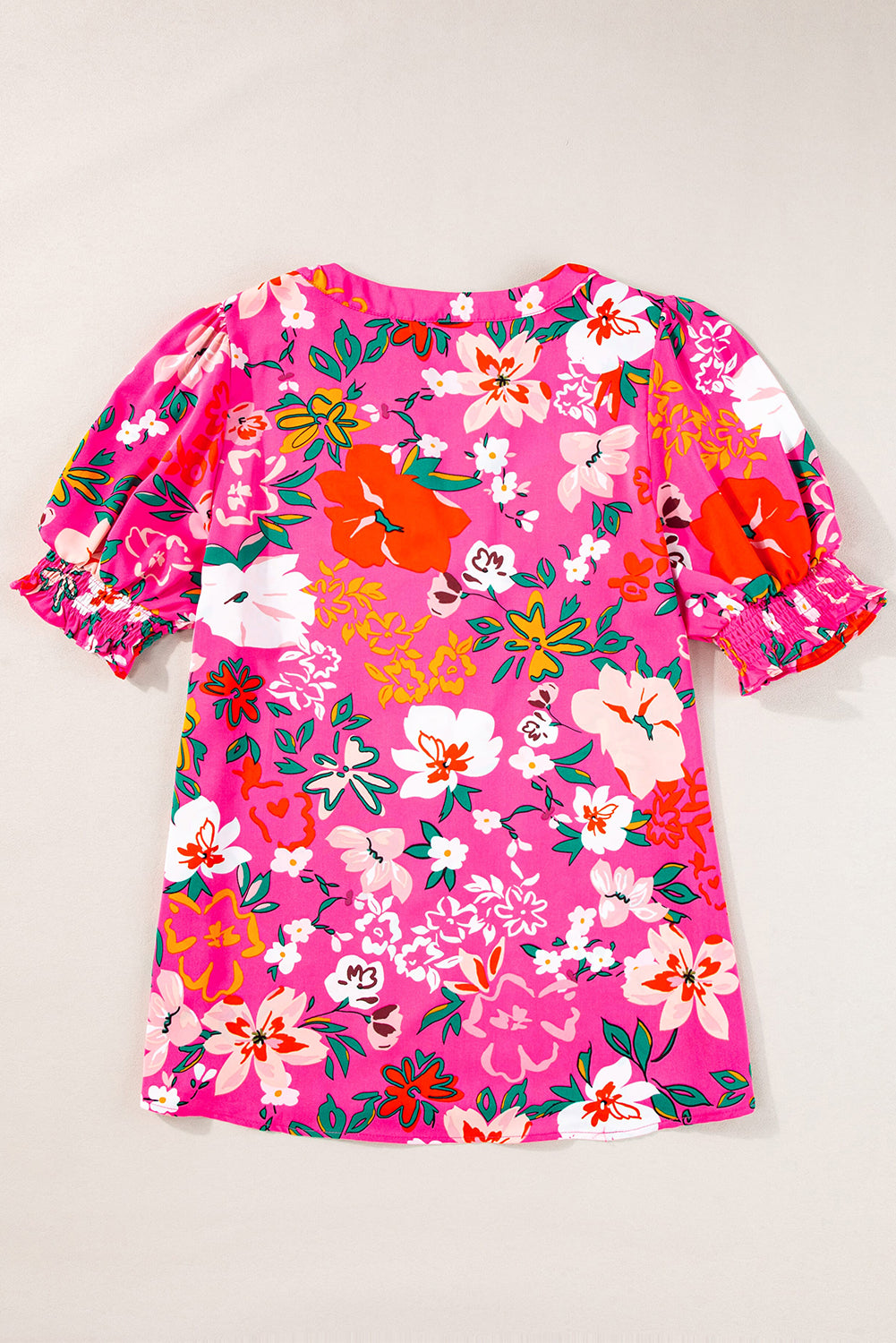 Rose Floral Printed Split V Neck Puff Sleeve Blouse-Tops/Blouses & Shirts-[Adult]-[Female]-2022 Online Blue Zone Planet