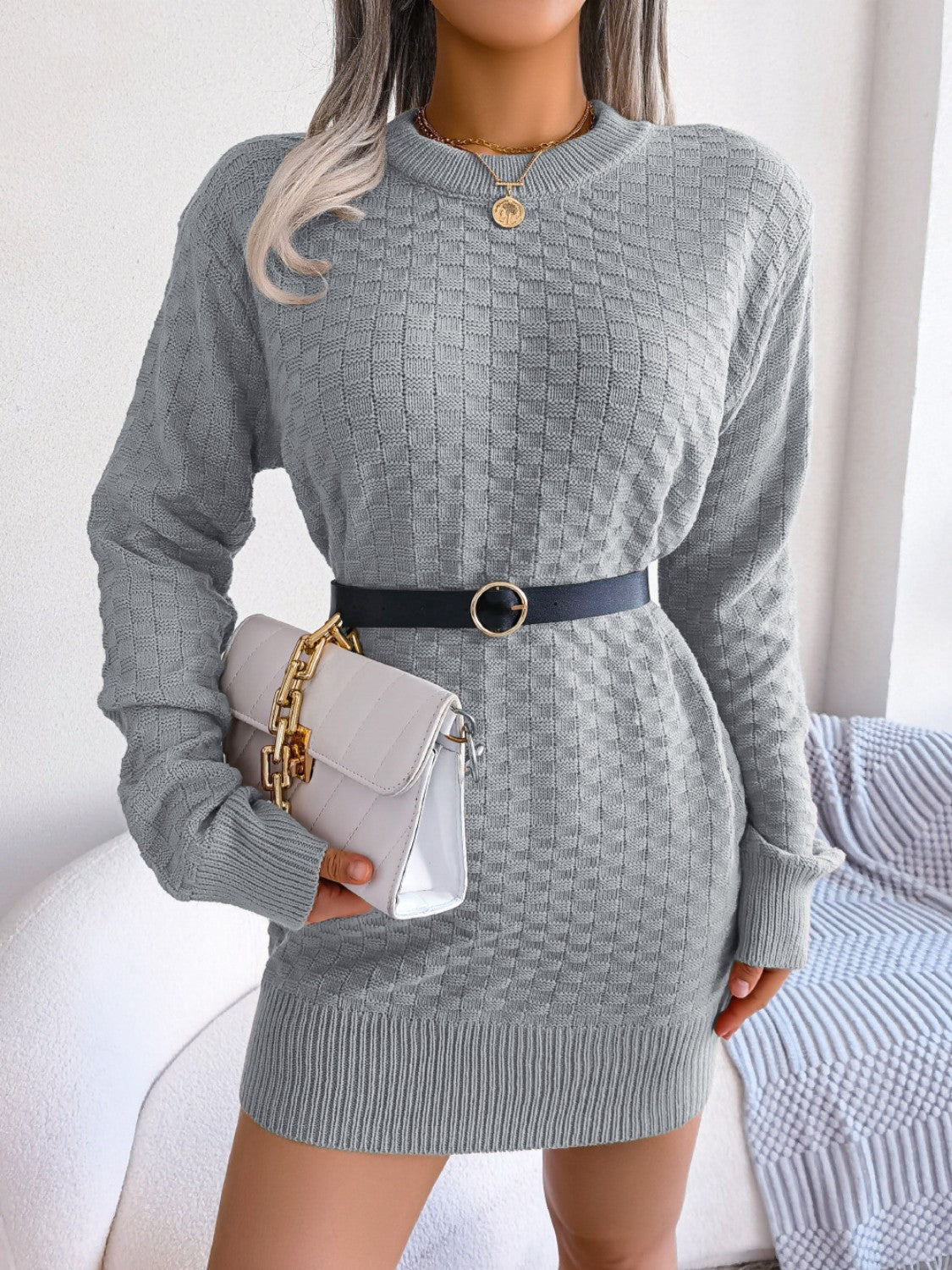 Blue Zone Planet | Round Neck Long Sleeve Mini Sweater Dress-TOPS / DRESSES-[Adult]-[Female]-Gray-S-2022 Online Blue Zone Planet