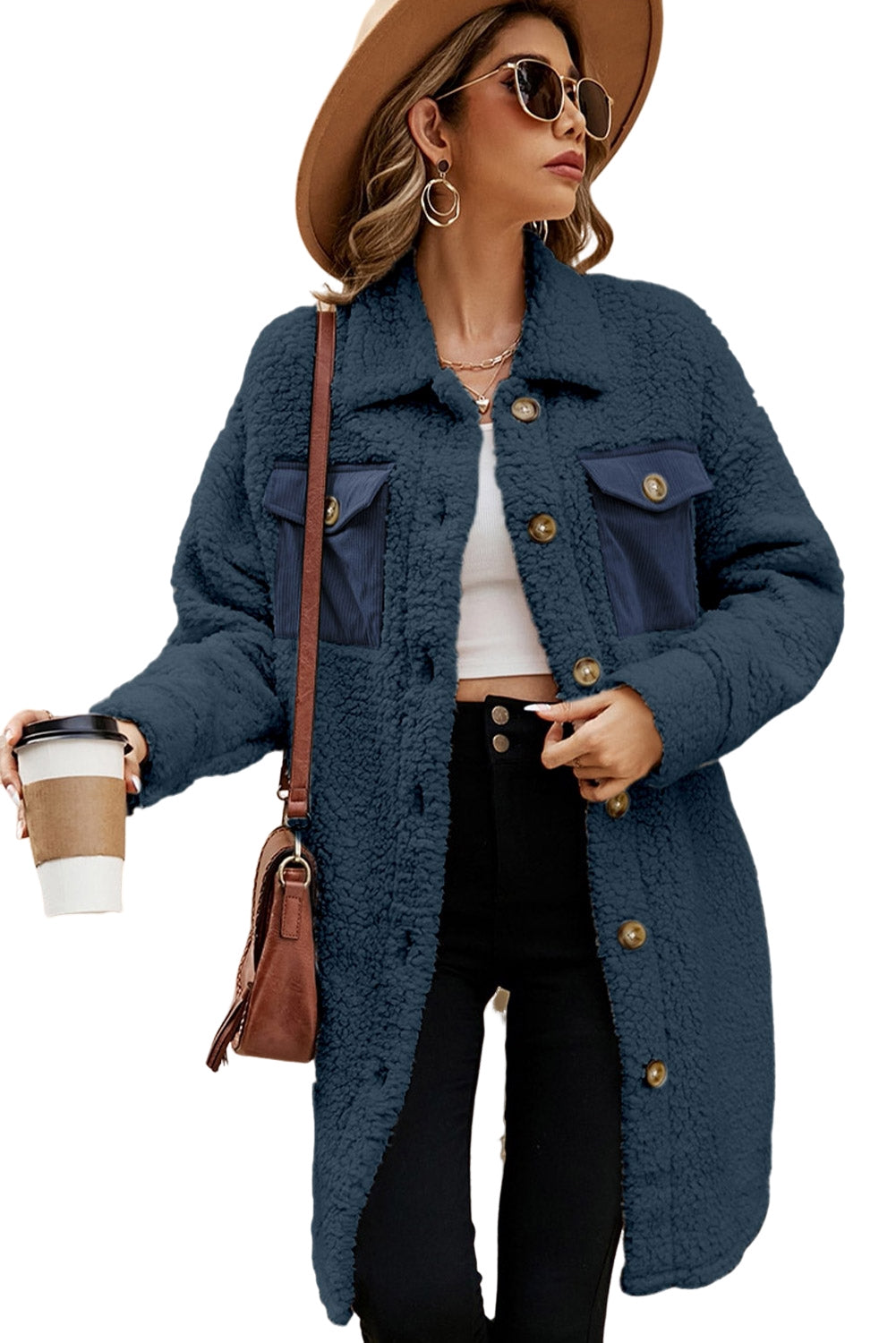 Khaki Contrast Flap Pocket Single Breasted Teddy Coat-Coats-[Adult]-[Female]-2022 Online Blue Zone Planet