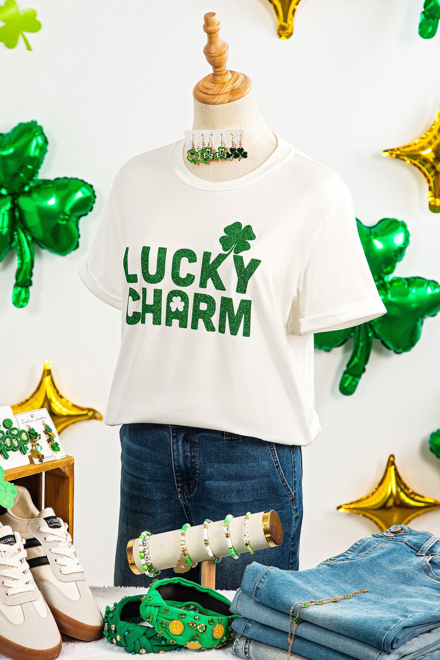 White Lucky Charm Shimmery Print St Patricks Day Clover T Shirt-Graphic/Graphic Tees-[Adult]-[Female]-2022 Online Blue Zone Planet