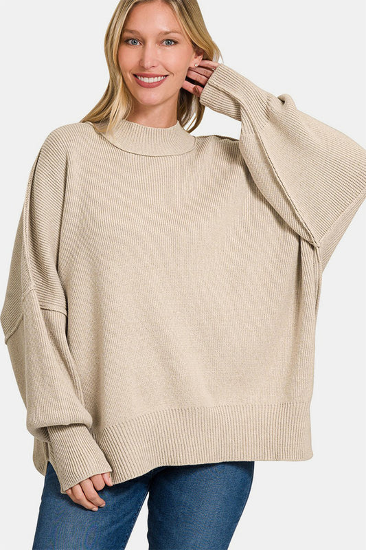 Blue Zone Planet | Zenana Side Sit Oversize Sweater-TOPS / DRESSES-[Adult]-[Female]-H Beige-S/M-2022 Online Blue Zone Planet