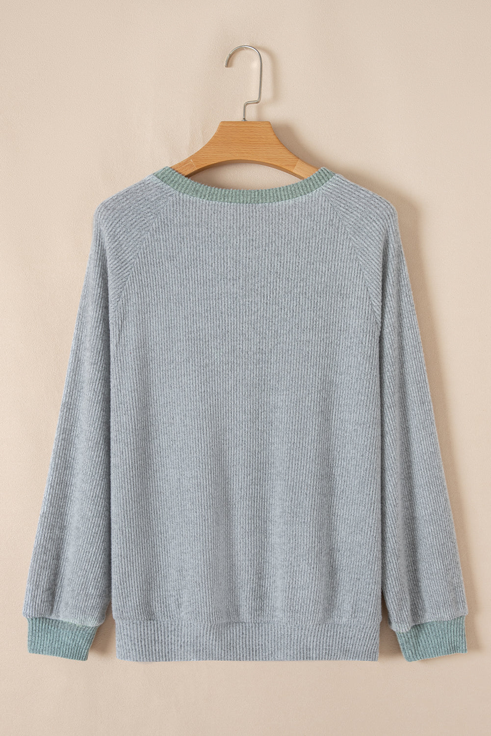 Blue Zone Planet | Light Grey Color Contrast Ribbed Loose Fit Long Sleeve Top-Tops/Long Sleeve Tops-[Adult]-[Female]-2022 Online Blue Zone Planet