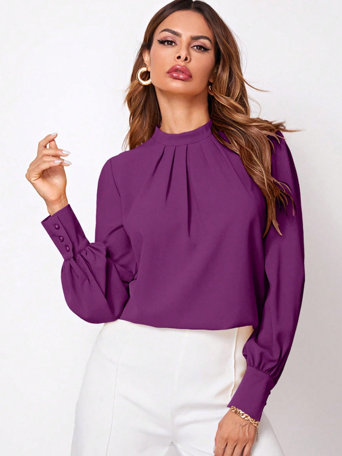 Blue Zone Planet | Ruched Mock Neck Long Sleeve Blouse-TOPS / DRESSES-[Adult]-[Female]-Purple-XS-2022 Online Blue Zone Planet