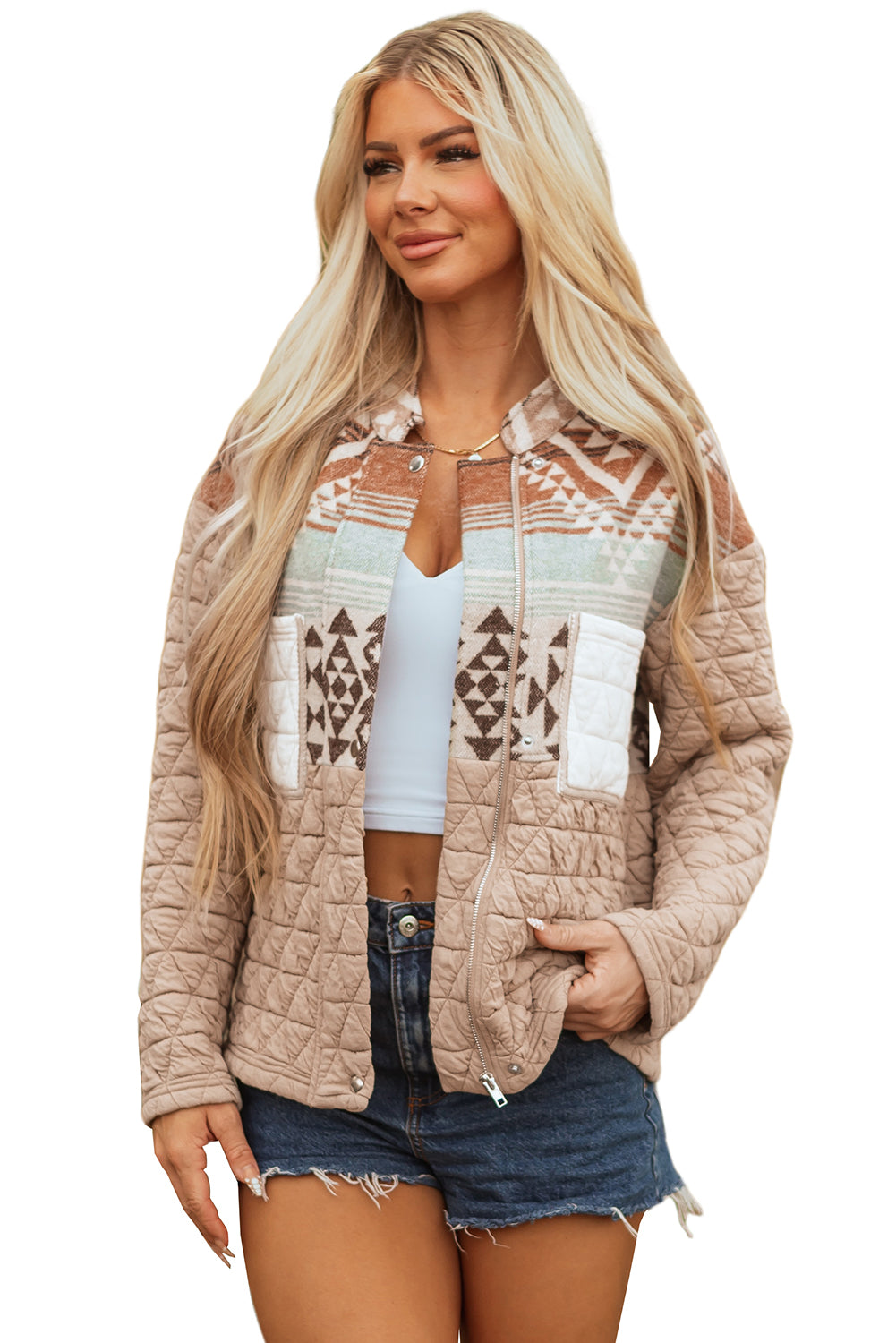 Light French Beige Aztec Quilted Patchwork Western Fashion Jacket-Outerwear/Jackets-[Adult]-[Female]-2022 Online Blue Zone Planet