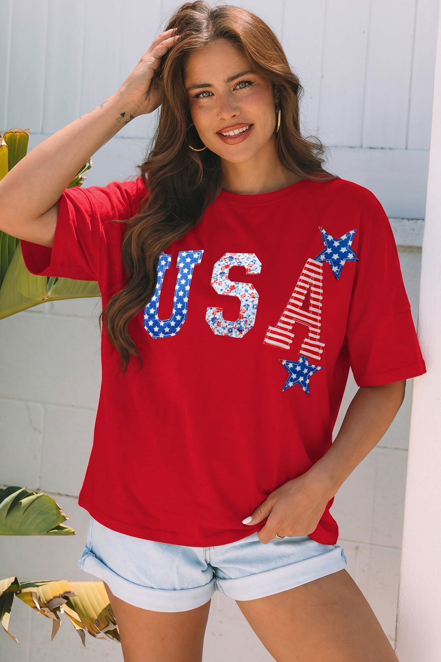 Fiery Red Patriotic Usa Slogan Patch Embroidery Short Sleeve T Shirt-Tops/Tops & Tees-[Adult]-[Female]-2022 Online Blue Zone Planet