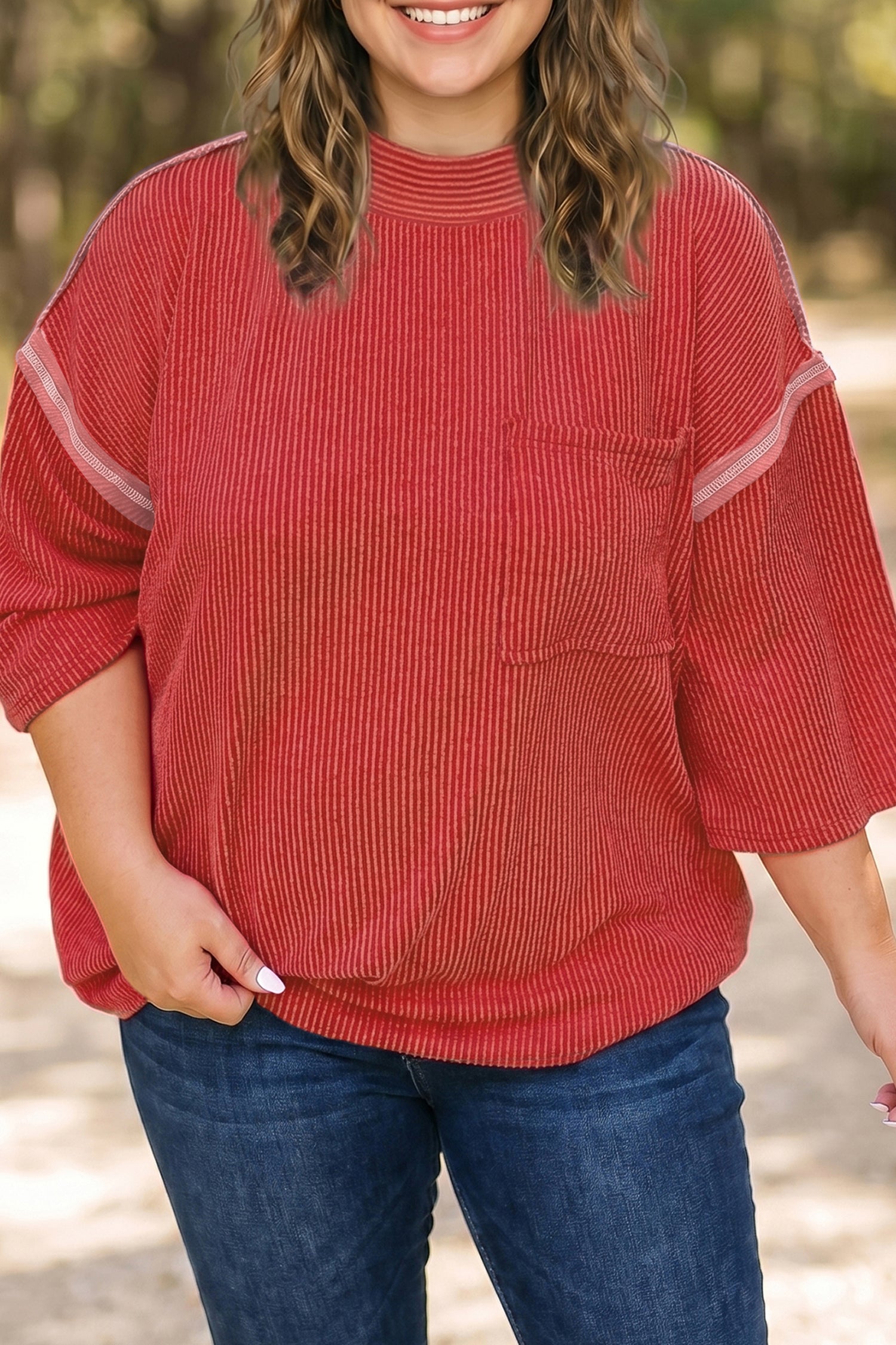 Fiery Red Twist Ribbed Tunic Round Neck Bracelet Sleeve Plus Size Blouse-Plus Size/Plus Size Tops/Plus Size Tops & Tees-[Adult]-[Female]-Fiery Red-1X-2022 Online Blue Zone Planet