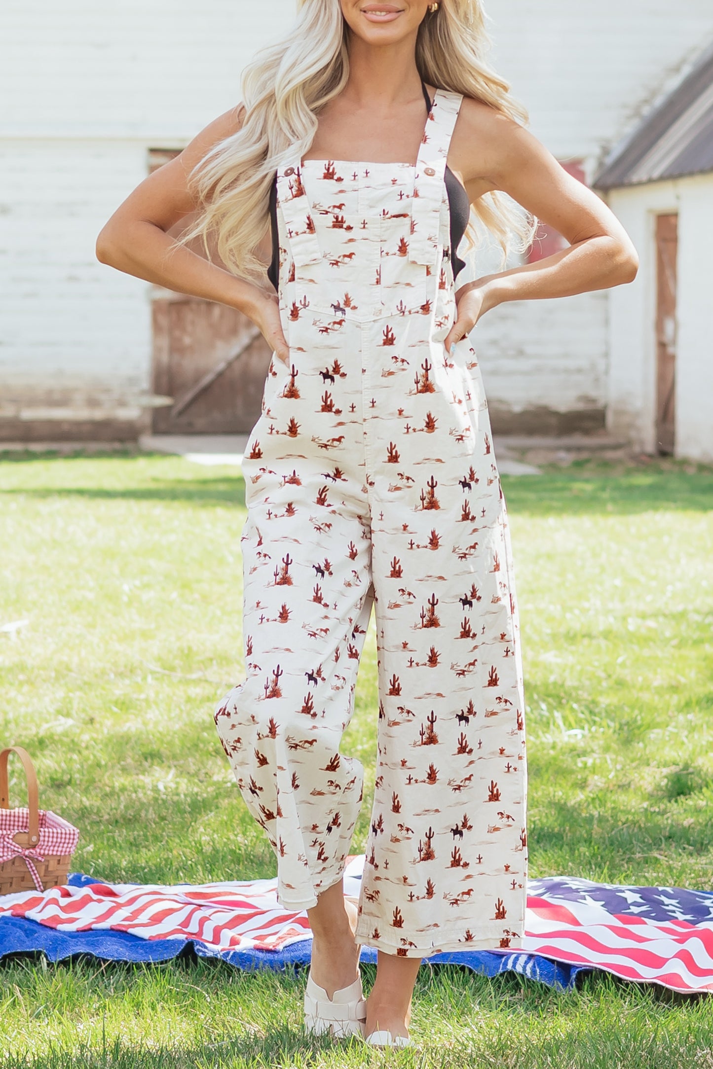 Beige Western Printed Button Adjustable Straps Loose Jumpsuit Dungarees-Bottoms/Jumpsuits & Rompers-[Adult]-[Female]-2022 Online Blue Zone Planet