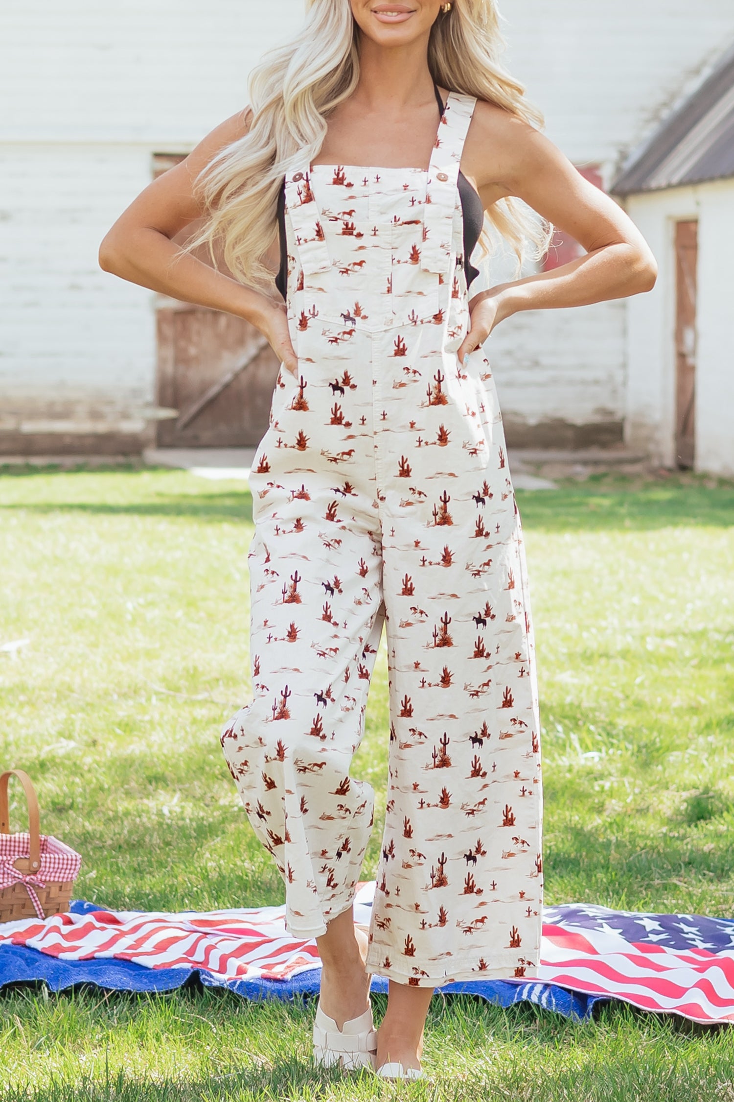 Beige Western Printed Button Adjustable Straps Loose Jumpsuit Dungarees-Bottoms/Jumpsuits & Rompers-[Adult]-[Female]-2022 Online Blue Zone Planet