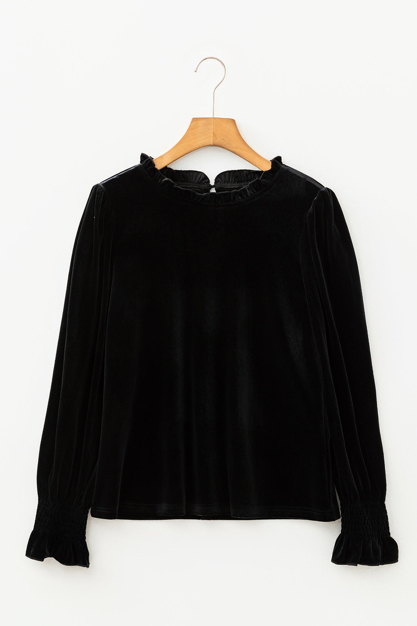 Black Frilled Collared Smocked Cuffs Puff Sleeve Velvet Blouse-Tops/Blouses & Shirts-[Adult]-[Female]-2022 Online Blue Zone Planet