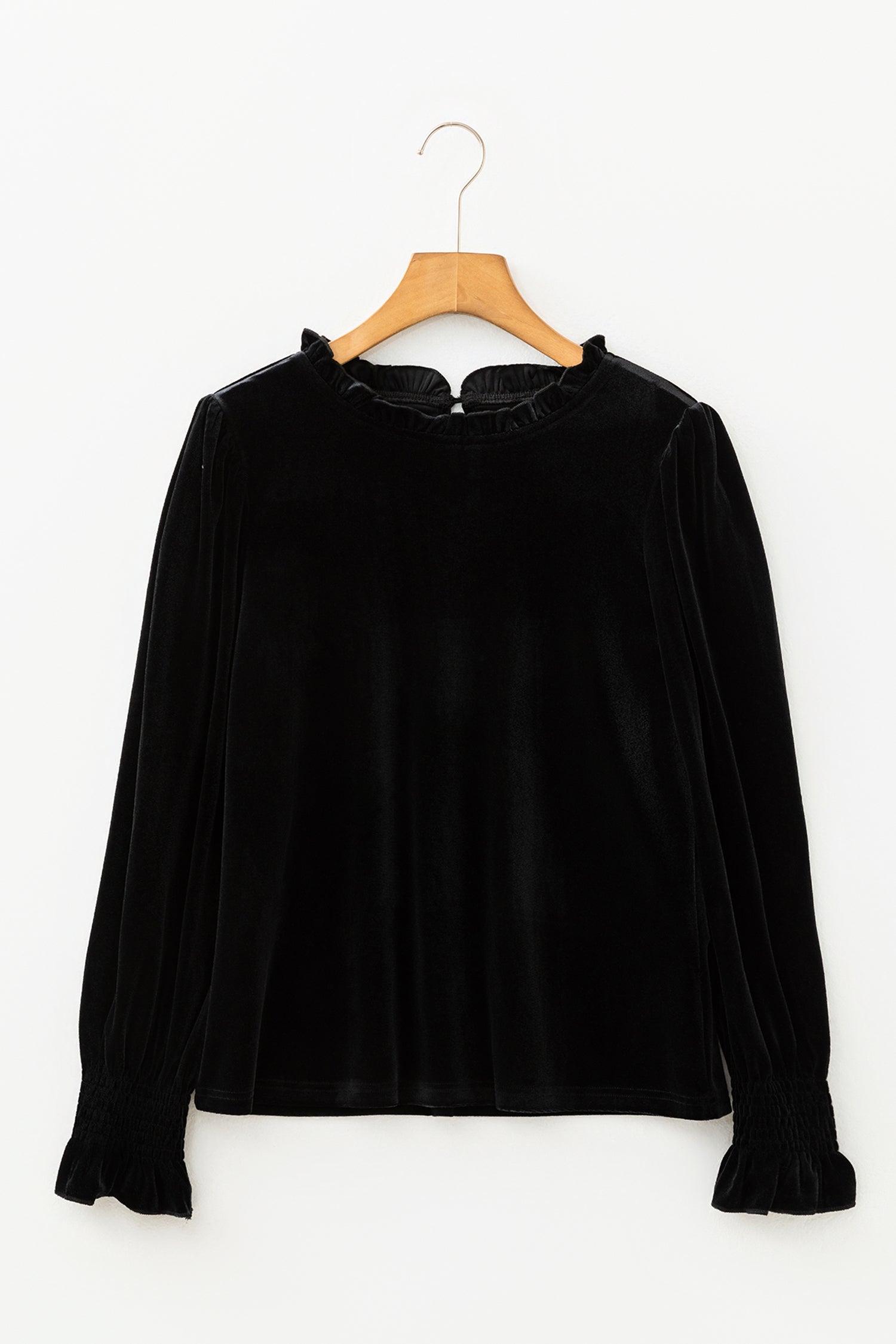 Black Frilled Collared Smocked Cuffs Puff Sleeve Velvet Blouse-Tops/Blouses & Shirts-[Adult]-[Female]-2022 Online Blue Zone Planet
