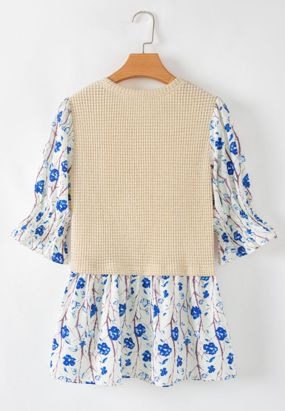 Waffle-Knit Printed Round Neck Flounce Sleeve Blouse-TOPS / DRESSES-[Adult]-[Female]-2022 Online Blue Zone Planet