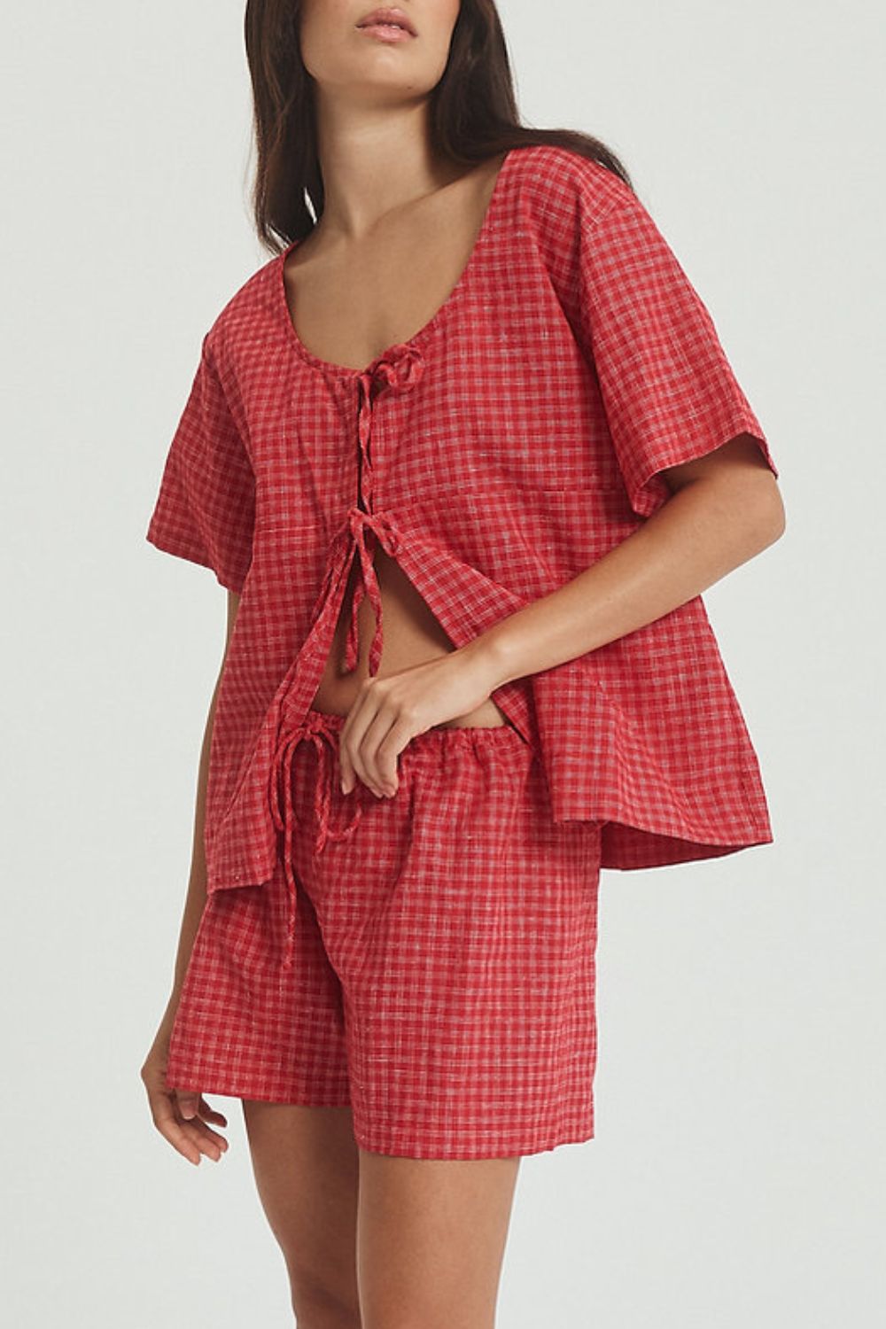 Plaid Tied Scoop Neck Short Sleeve Top and Drawstring Shorts Set-TOPS / DRESSES-[Adult]-[Female]-2022 Online Blue Zone Planet