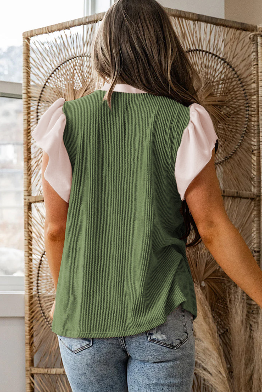 Vineyard Green Plus Size Contrast Frilled Neckline Ruffled Short Sleeve Ribbed Textured Blouse-Plus Size/Plus Size Tops/Plus Size Blouses & Shirts-[Adult]-[Female]-2022 Online Blue Zone Planet