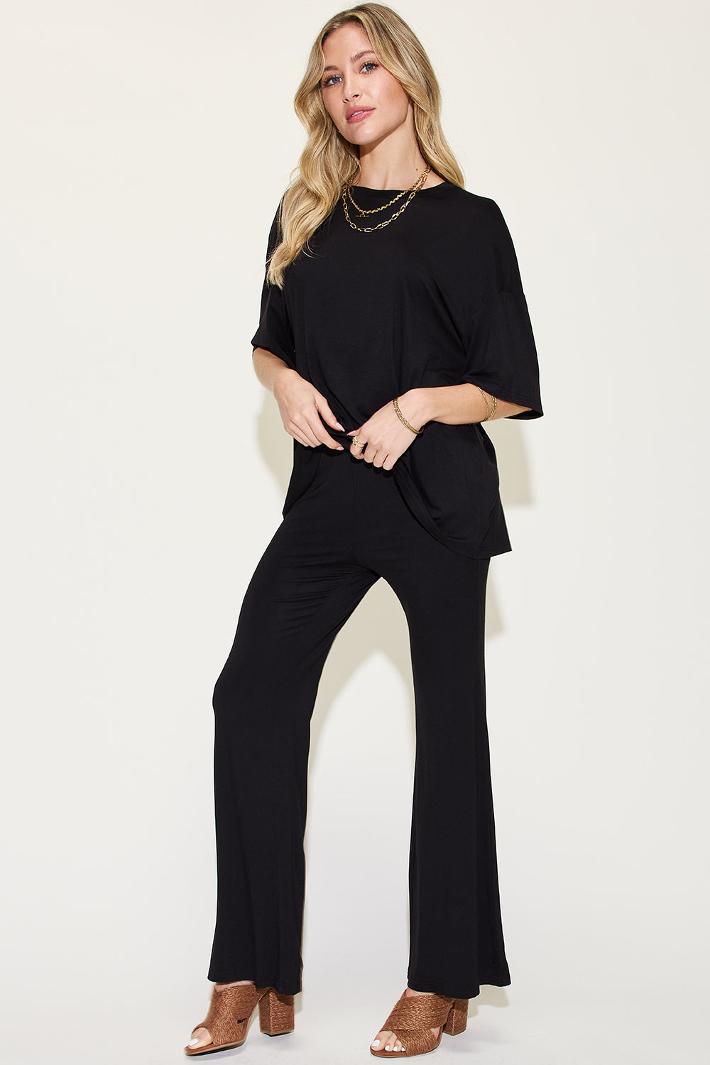 Basic Bae Full Size Bamboo Drop Shoulder T-Shirt and Flare Pants Set-TOPS / DRESSES-[Adult]-[Female]-Black-S-2022 Online Blue Zone Planet