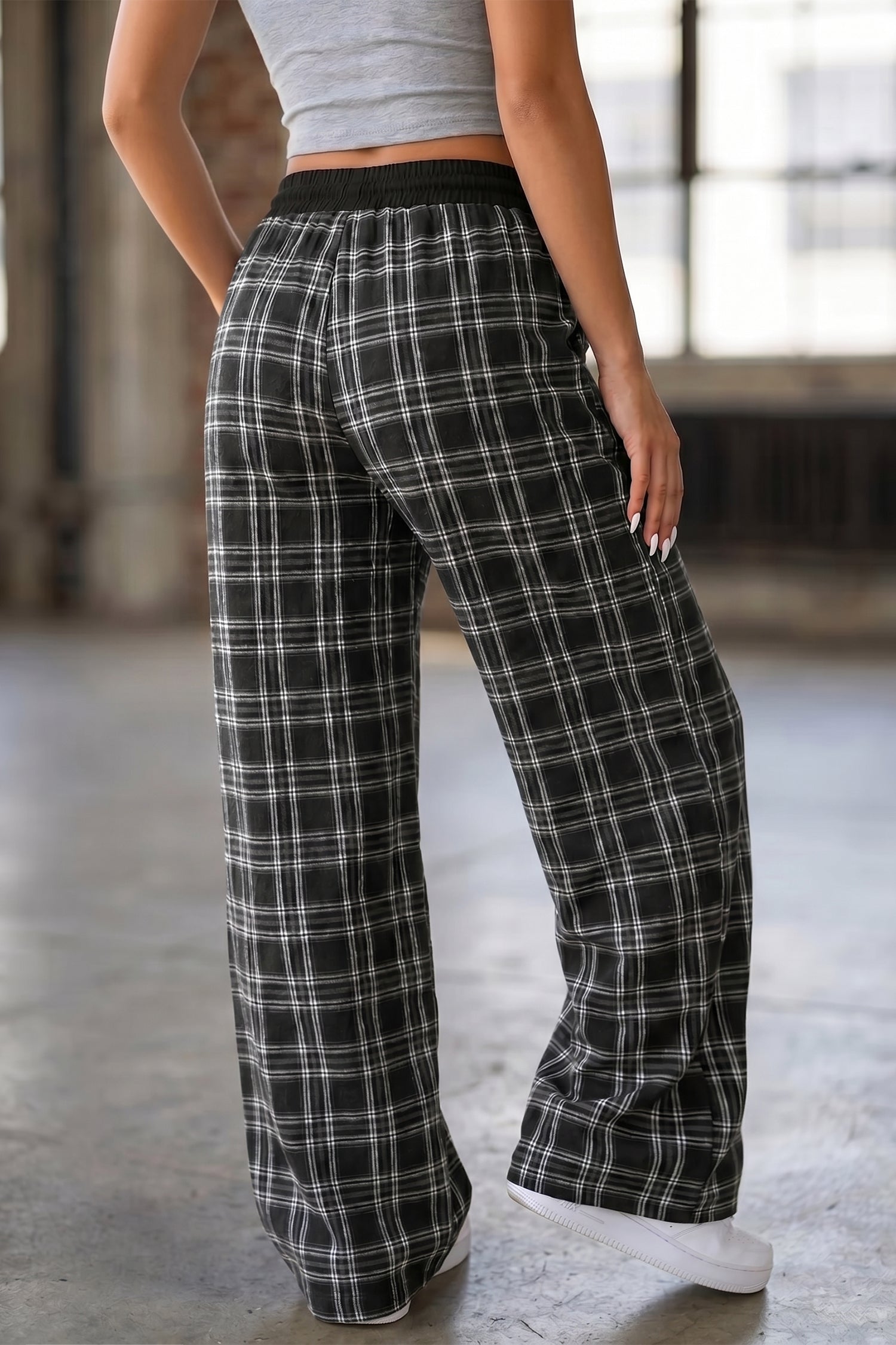 Black Frenchy Plaid Pattern Contrast Drawstring Waist Wide Leg Pants-Bottoms/Pants & Culotte-[Adult]-[Female]-2022 Online Blue Zone Planet