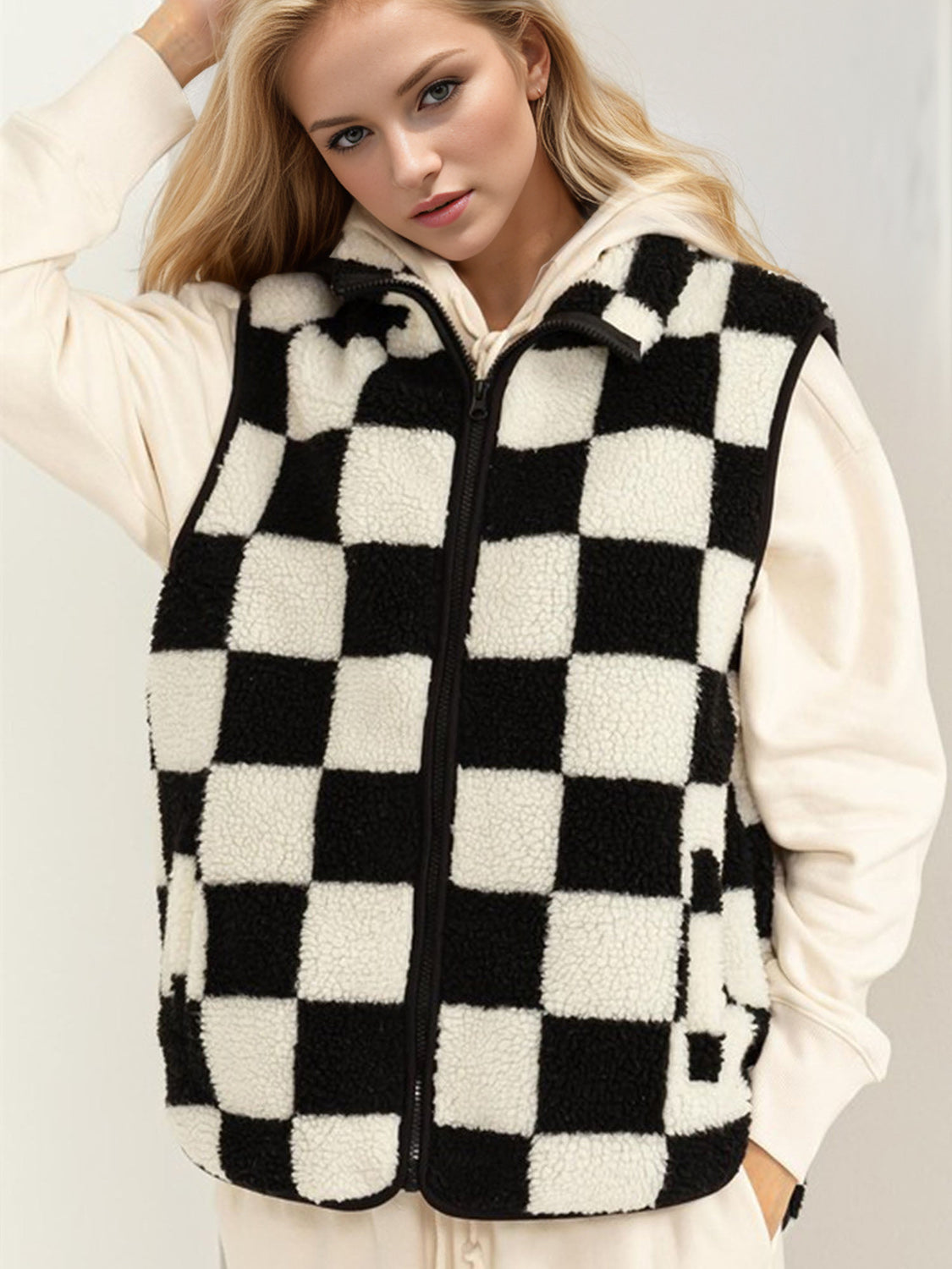 Double Take Full Size Zip Up Checkered Vest Cost-TOPS / DRESSES-[Adult]-[Female]-Black-S-2022 Online Blue Zone Planet