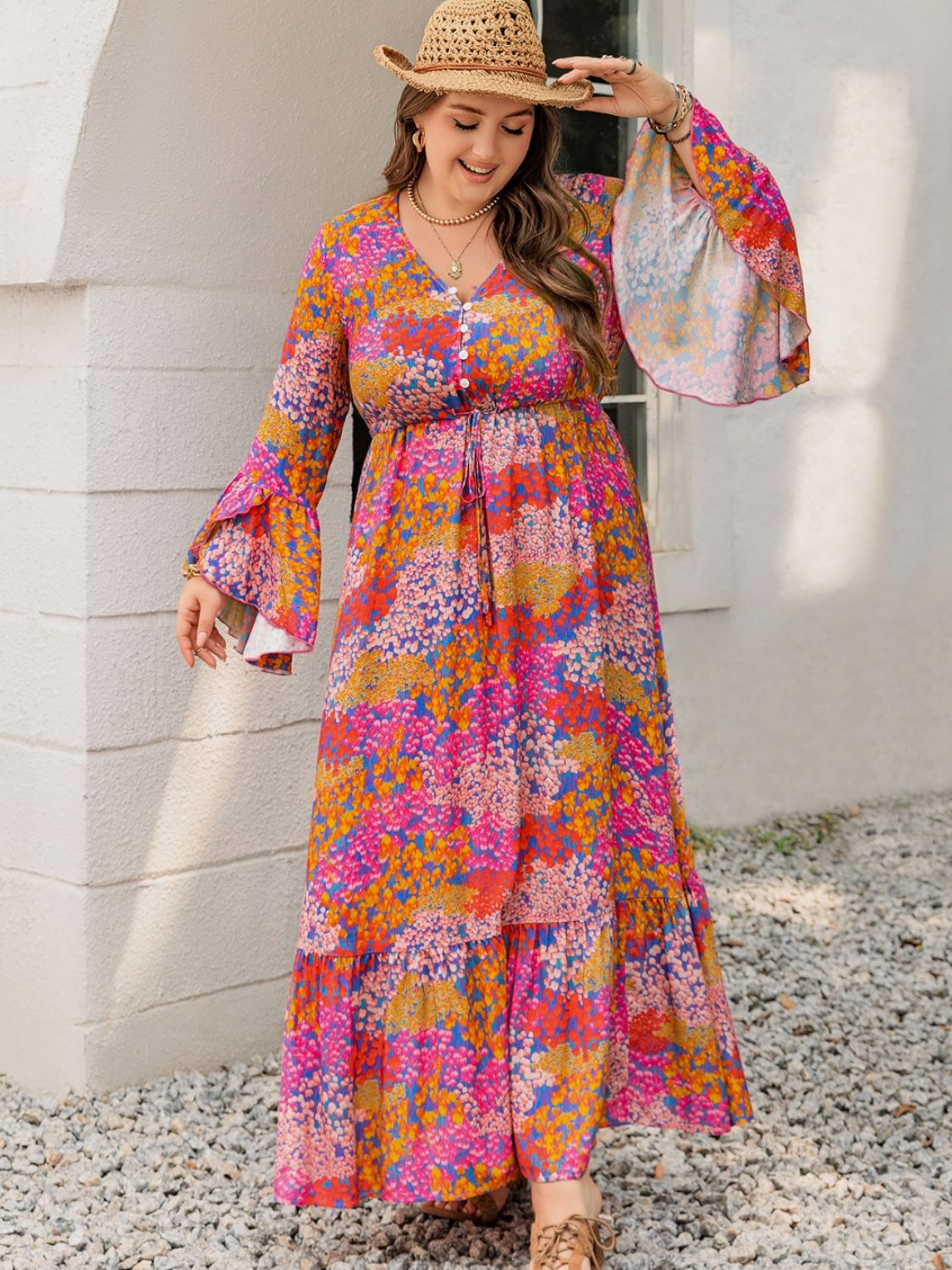 Blue Zone Planet | Plus Size Printed V-Neck Long Sleeve Maxi Dress-TOPS / DRESSES-[Adult]-[Female]-2022 Online Blue Zone Planet