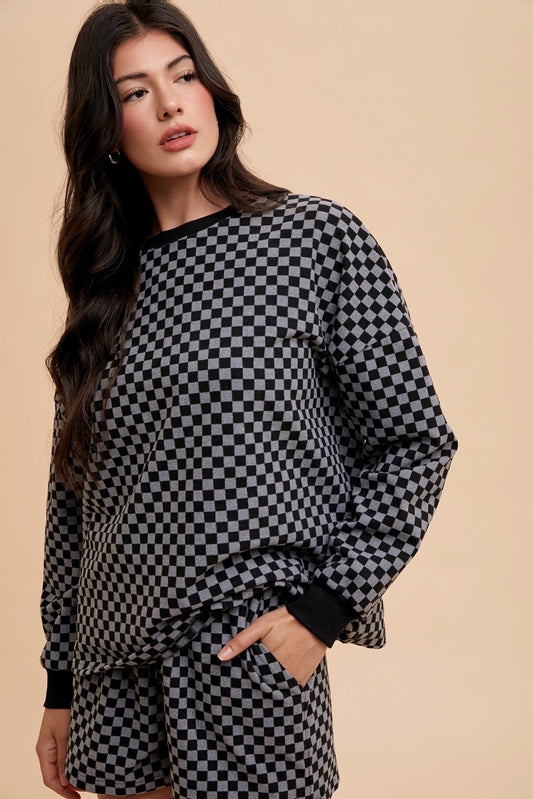 Blue Zone Planet | Annie Wear Checkered Round Neck Top and Drawstring Shorts Set-TOPS / DRESSES-[Adult]-[Female]-Black-S-2022 Online Blue Zone Planet