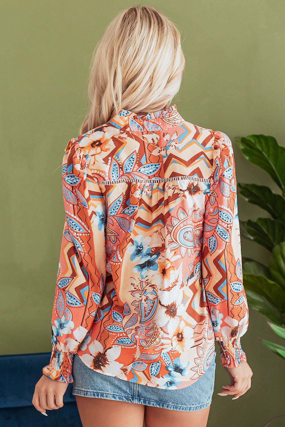 Blue Zone Planet | Orange Floral Print Shirred Cuff Buttoned Loose Shirt-Tops/Blouses & Shirts-[Adult]-[Female]-2022 Online Blue Zone Planet