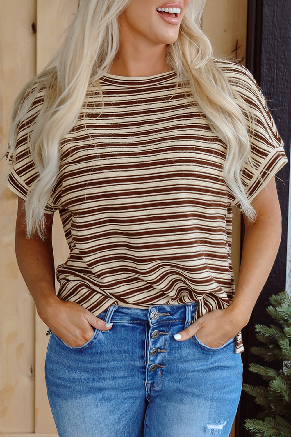 Brown Stripe Textured Side Slits Crew Neck T Shirt-Tops/Tops & Tees-[Adult]-[Female]-2022 Online Blue Zone Planet