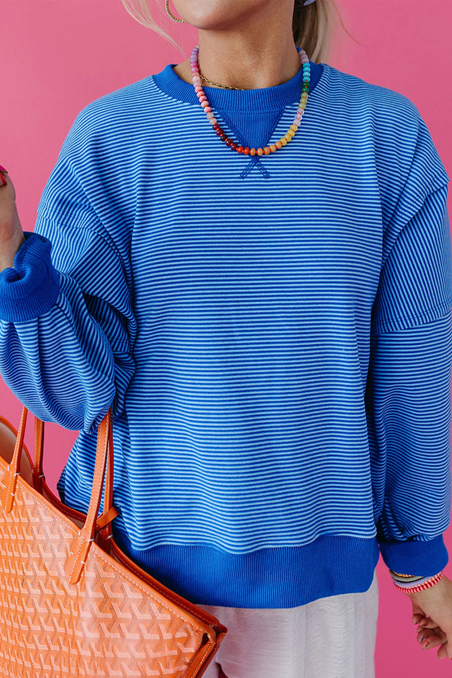 Blue Stripe Ribbed Cuffs Hem Long Sleeve Pullover Top-Tops/Long Sleeve Tops-[Adult]-[Female]-2022 Online Blue Zone Planet