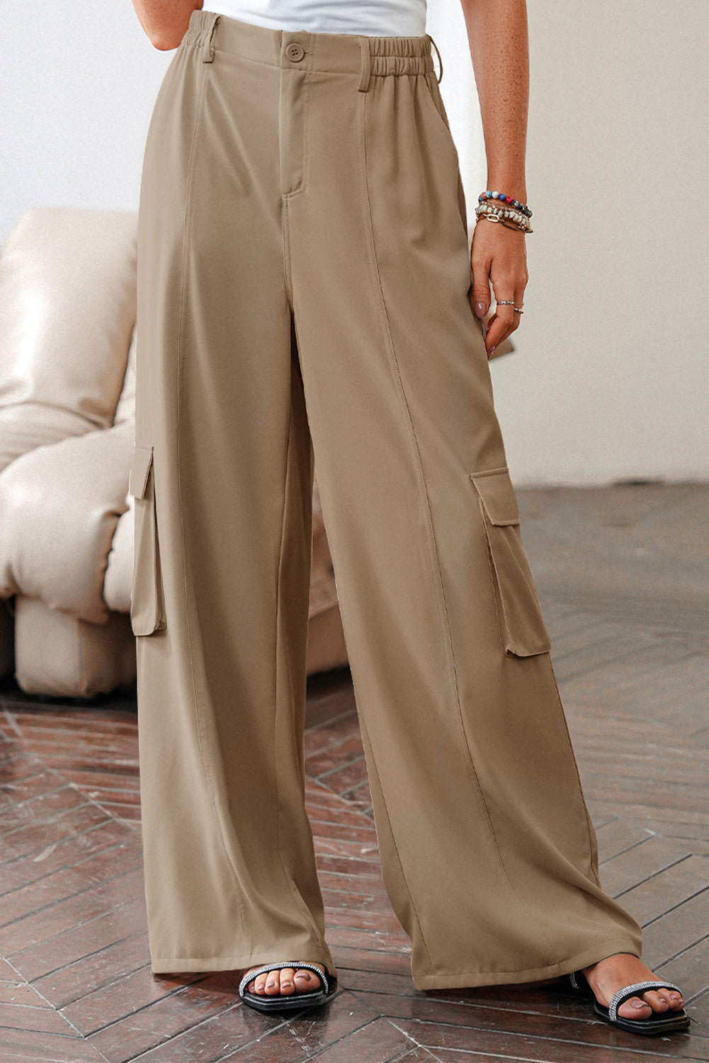 Camel Solid Color Elastic High Waist Loose Cargo Pants-Bottoms/Pants & Culotte-[Adult]-[Female]-Camel-S-2022 Online Blue Zone Planet