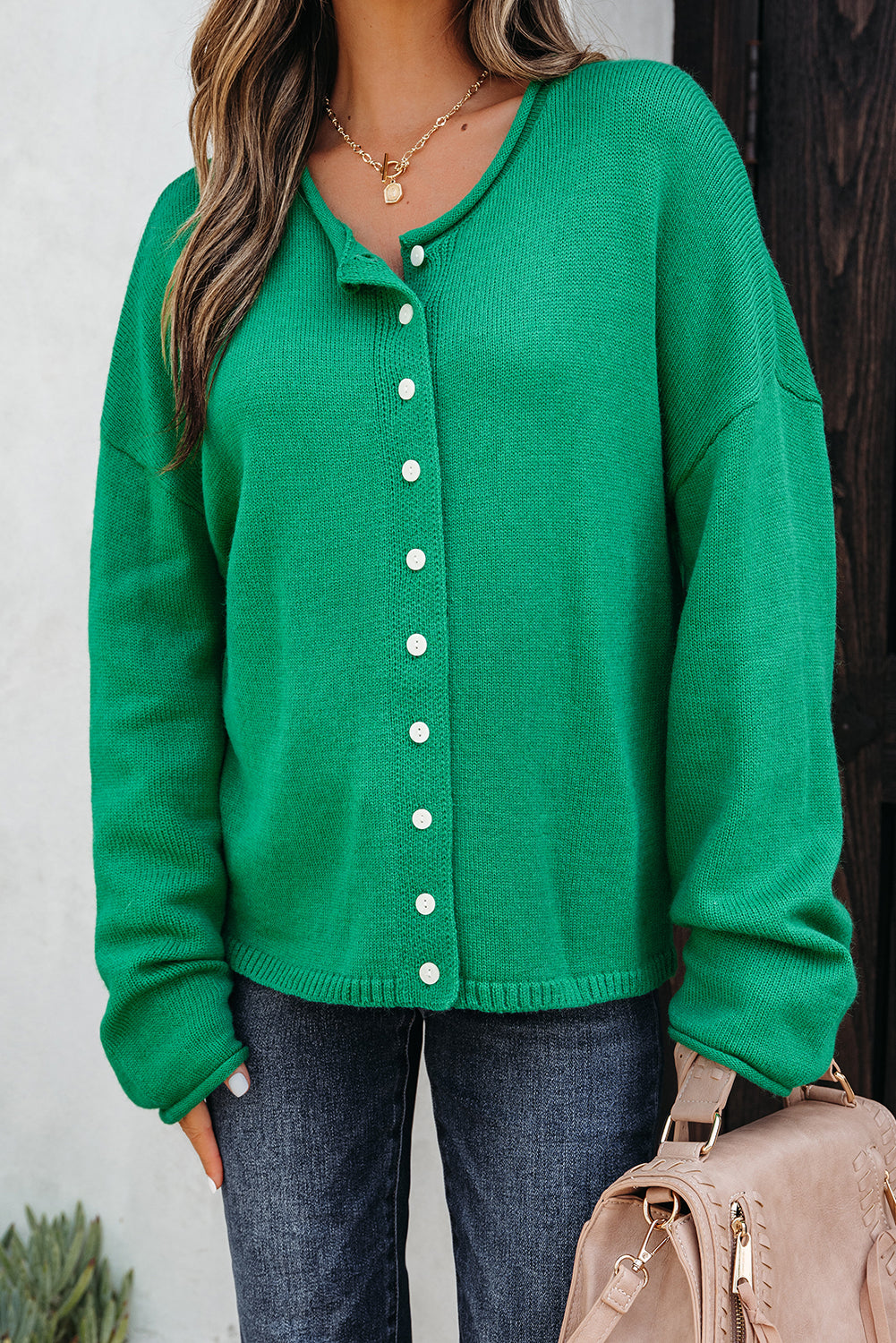 Bright Green Solid Color Knit Button Drop Shoulder Sweater Cardigan-TOPS / DRESSES-[Adult]-[Female]-2022 Online Blue Zone Planet