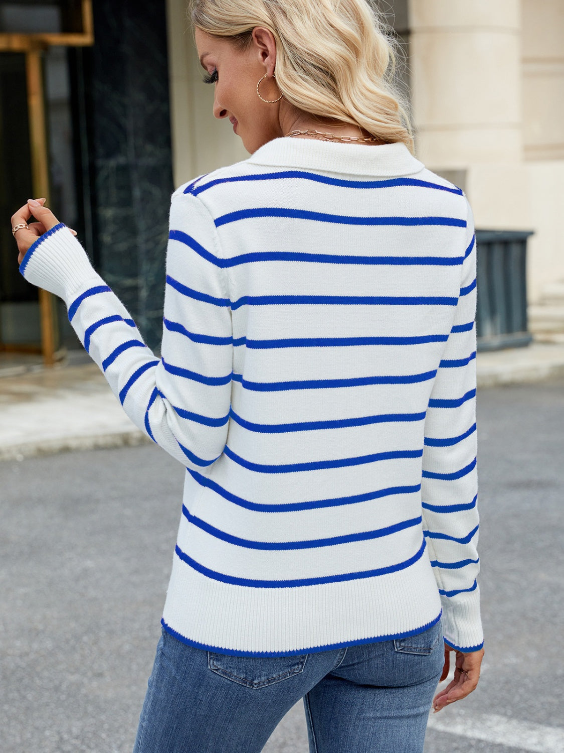 Striped Johnny Collar Long Sleeve Sweater-TOPS / DRESSES-[Adult]-[Female]-Blue-S-2022 Online Blue Zone Planet